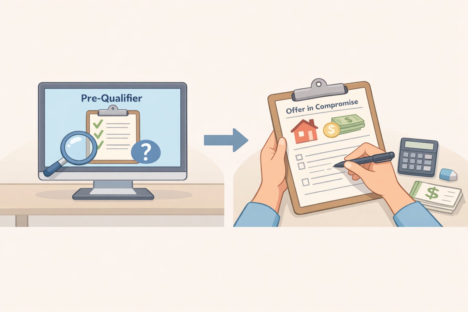 Diagram-style illustration of the Offer in Compromise process with a pre-qualifier checkpoint, an OIC fee note, and a pathway to hardship relief when standard plans do not fit