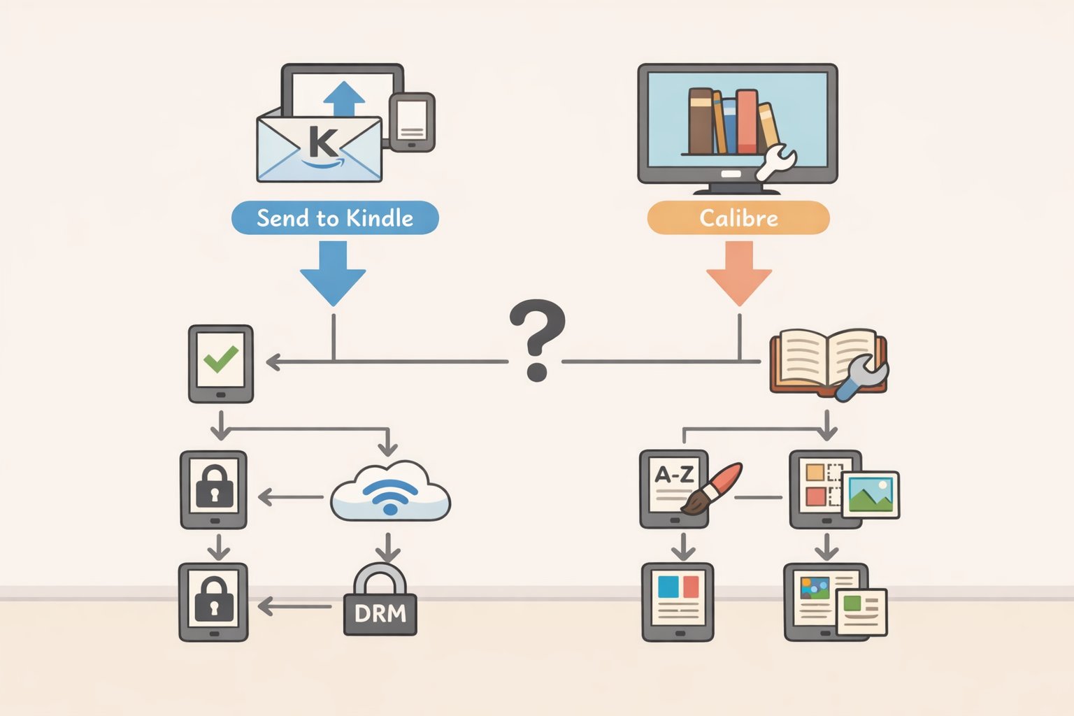 Flowchart for how to convert EPUB to Kindle format: Send to Kindle web uploader versus Calibre based on metadata problems, encoding errors, file size, and sync needs