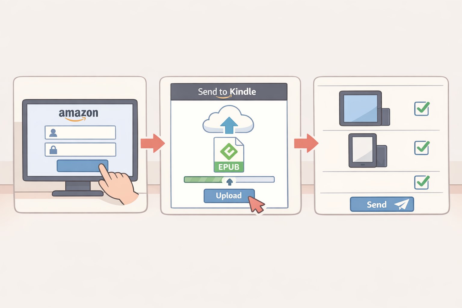 Screenshot-style illustration of the Send to Kindle web uploader where a user selects an EPUB file, chooses receiving devices, and confirms the send