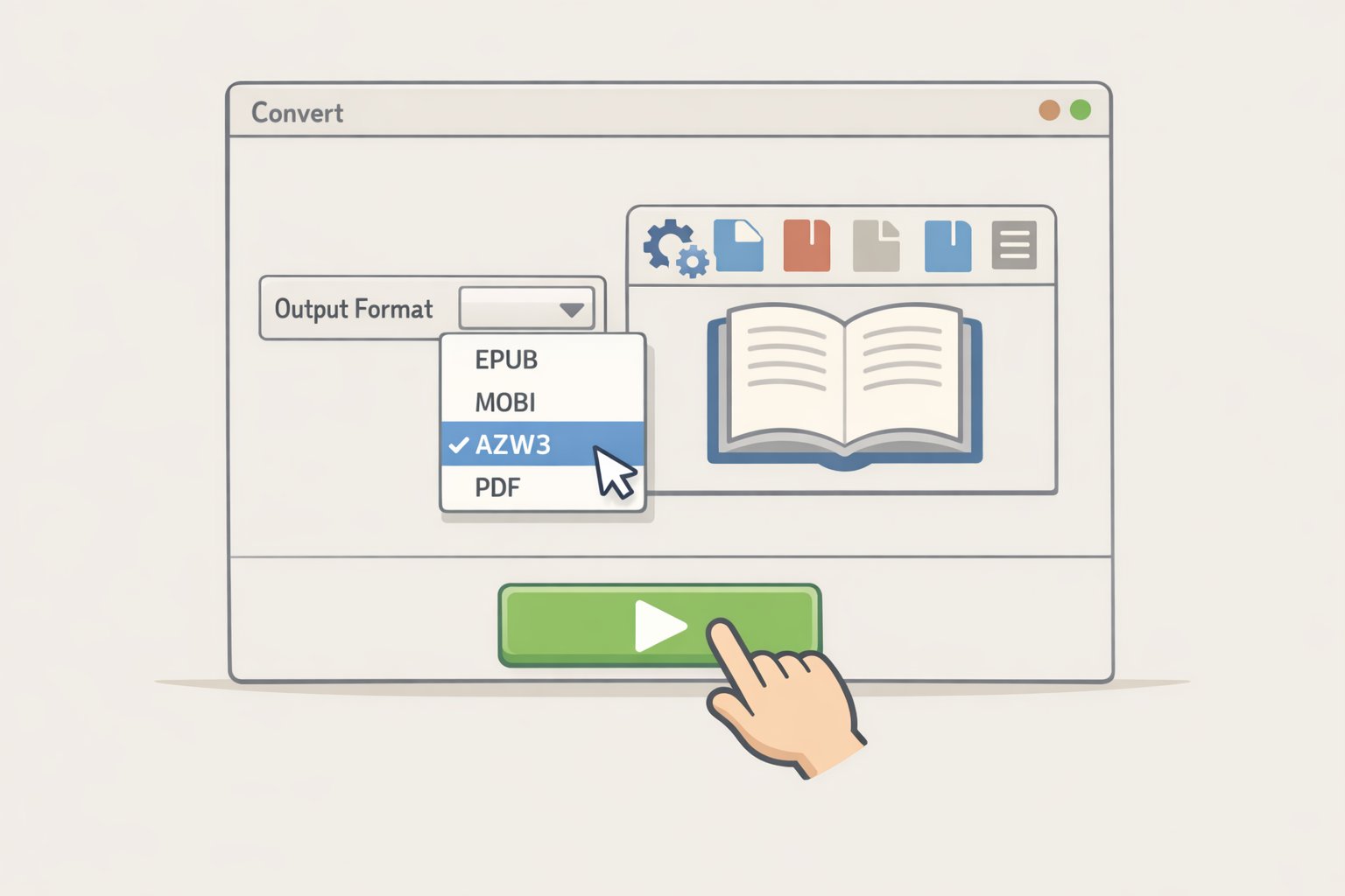 Illustration of Calibre’s Convert books dialog with the Output format dropdown set to AZW3 and the conversion job queue showing progress