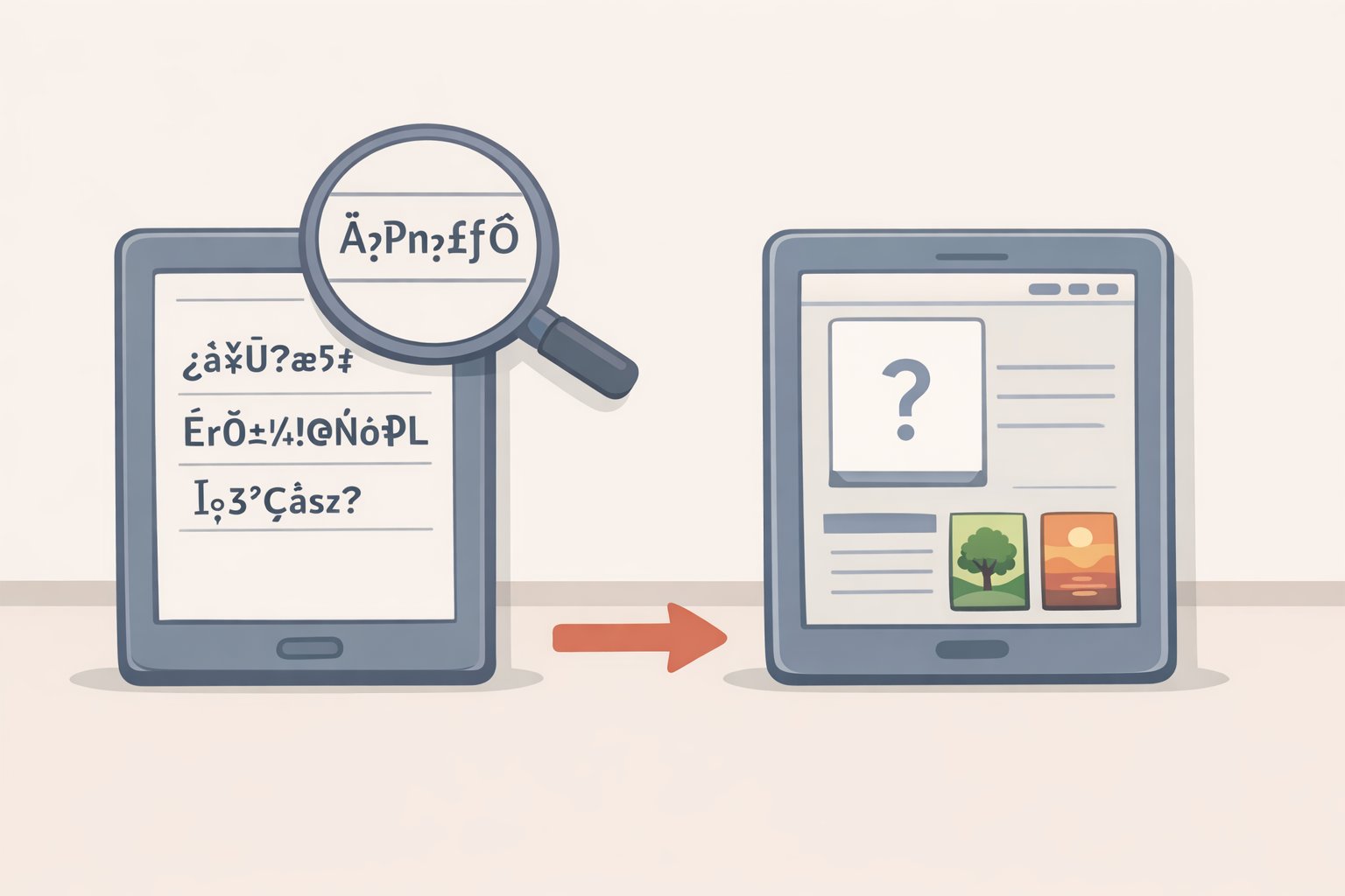 Side-by-side illustration showing garbled apostrophes caused by wrong character encoding and a missing cover thumbnail, with steps to fix via Calibre before re-conversion