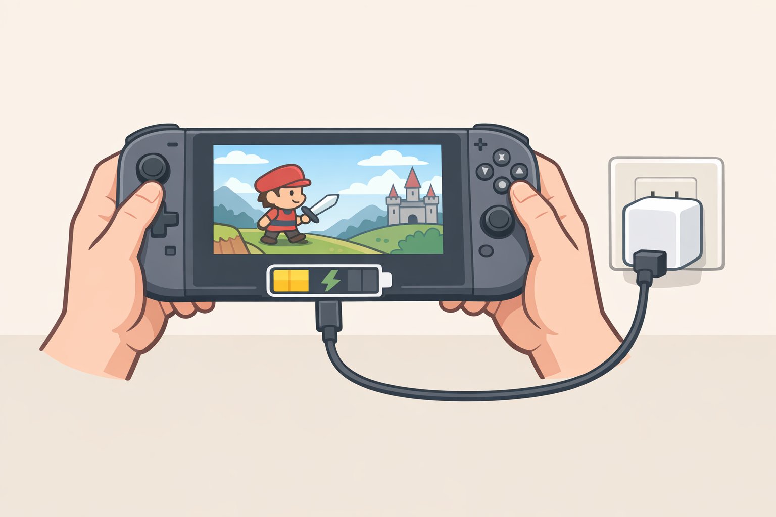 Illustration of a Nintendo Switch 2 charging in handheld mode with a power adapter supplying ~25W while the battery recovers slowly during demanding gameplay