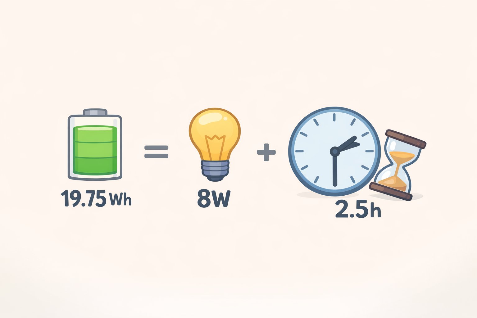 Diagram explaining Nintendo Switch 2 battery life using a 19.75Wh battery and an average ~8W draw to reach roughly 2.5 hours of handheld play