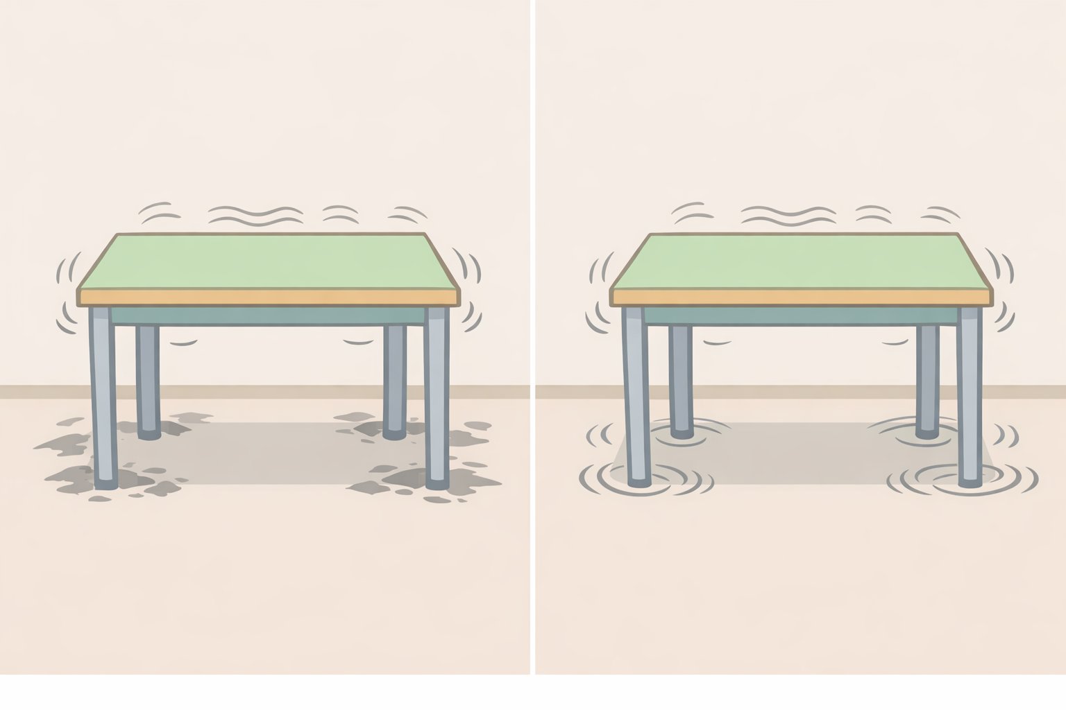 Comparison of video object removal where a ball disappears but the table still vibrates (showing why how to remove objects from video can fail without interaction-aware physics editing)