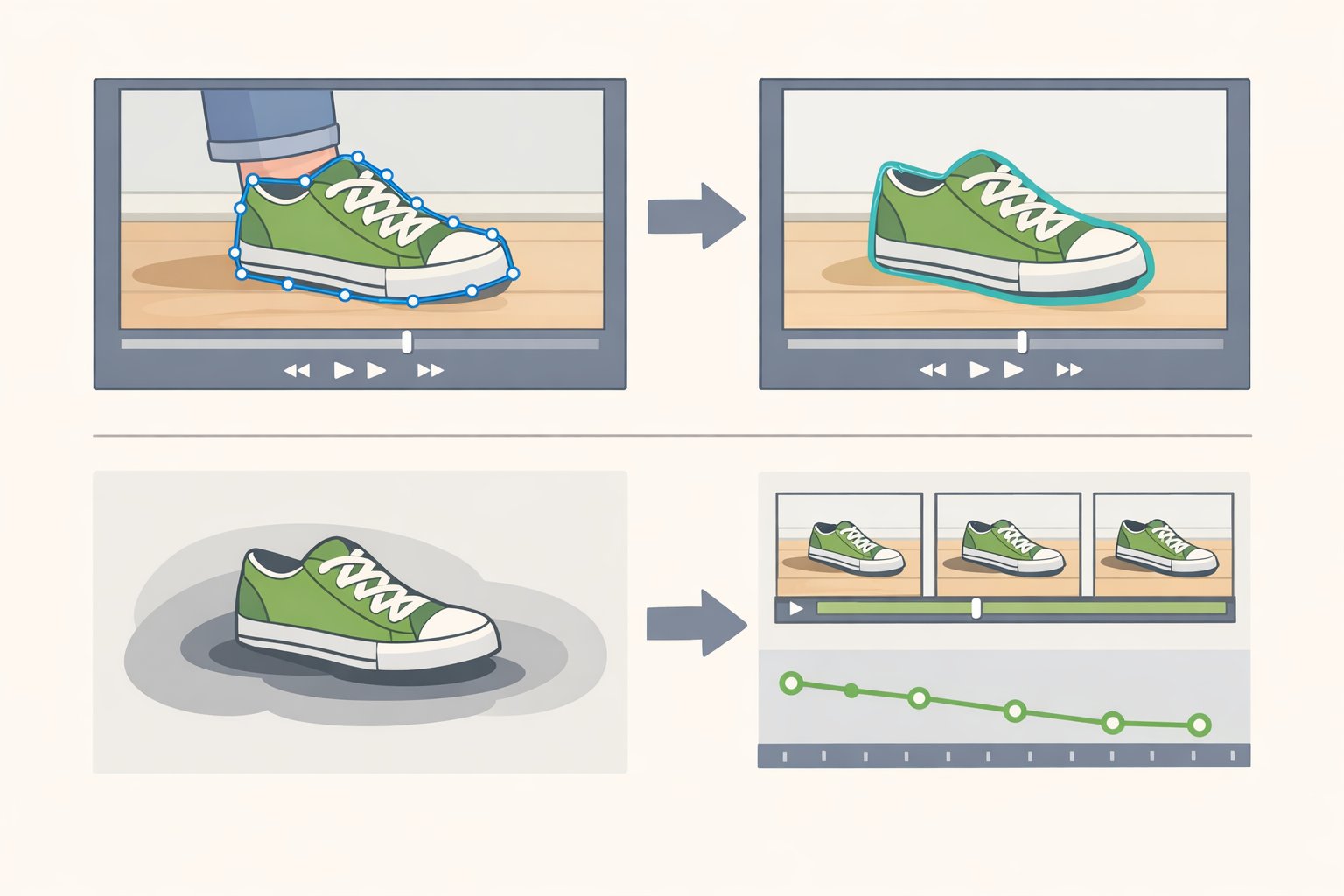 Illustration of an editor drawing a tight object mask with separate highlighted areas for a shadow and reflection, then previewing the tracked mask across multiple frames