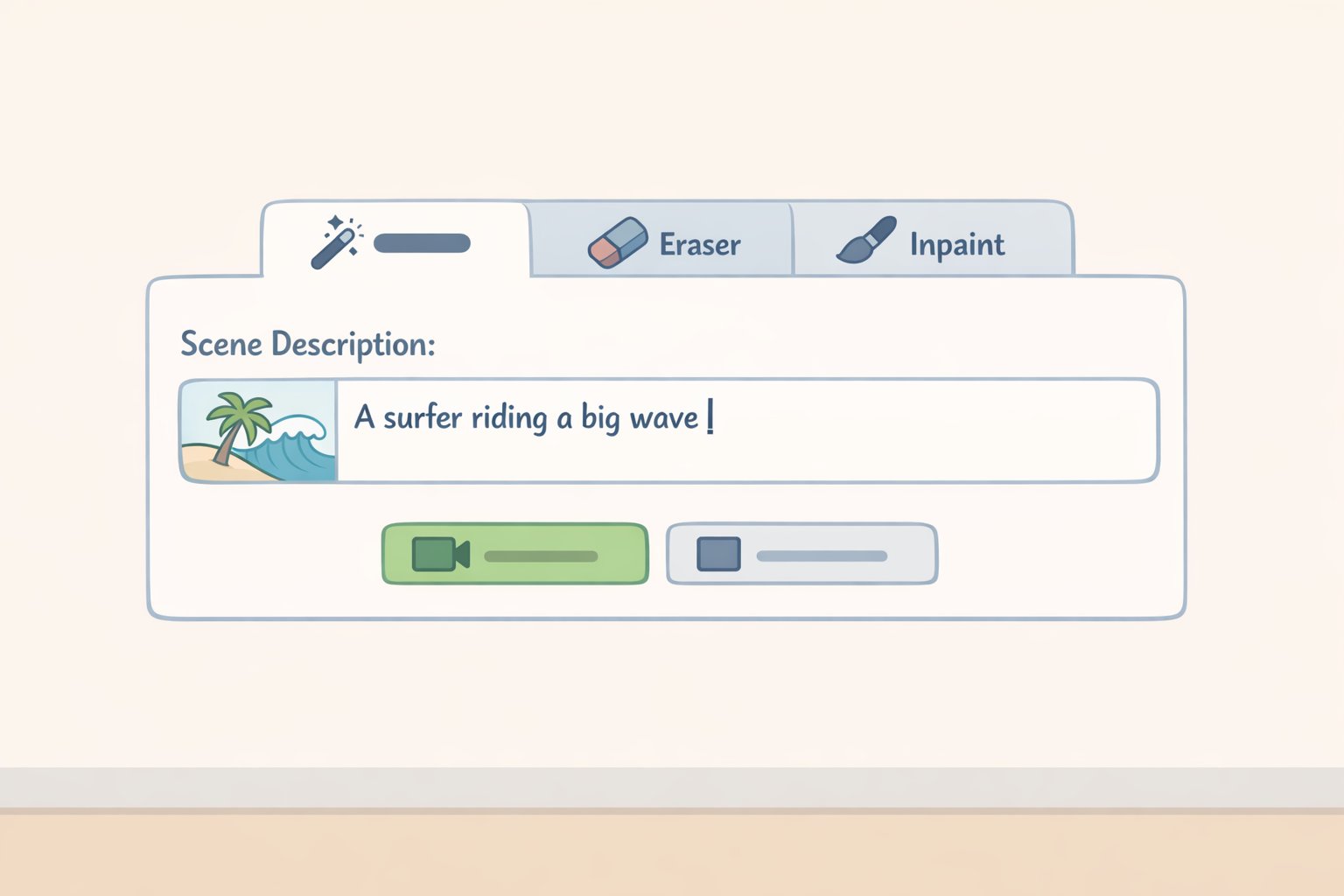 Screenshot-style illustration of a video inpainting prompt box showing 'A quiet kitchen with an empty countertop' replacing 'remove the blender'