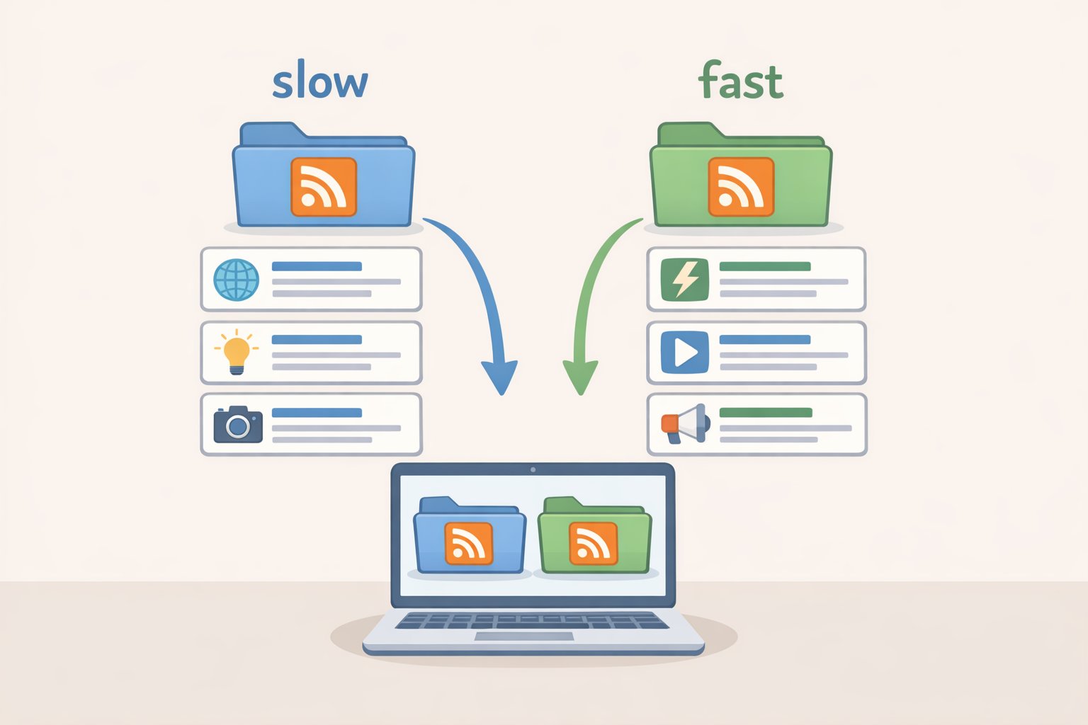 A comparison graphic showing slow-content feeds (blogs and long-form writing) versus fast-content feeds (software updates and urgent alerts) to decide if the Current RSS reader’s calm timeline fits.