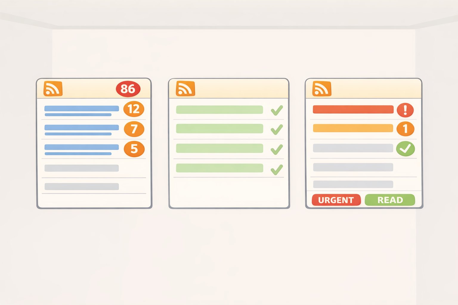 Side-by-side comparison of NetNewsWire’s unread-count completion model, Reeder’s expanded calm-timeline model, and FreshRSS with custom CSS urgency routing for fast feeds.
