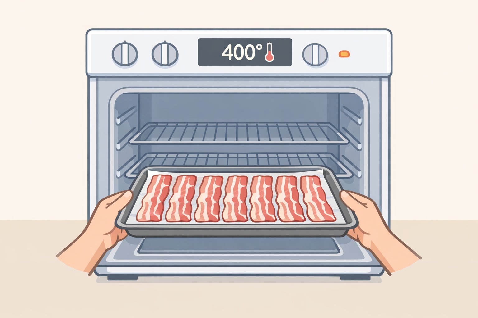 Illustration of a rimmed sheet pan with foil-lined bacon placed in a cold oven before setting the dial to 400°F for a gradual render