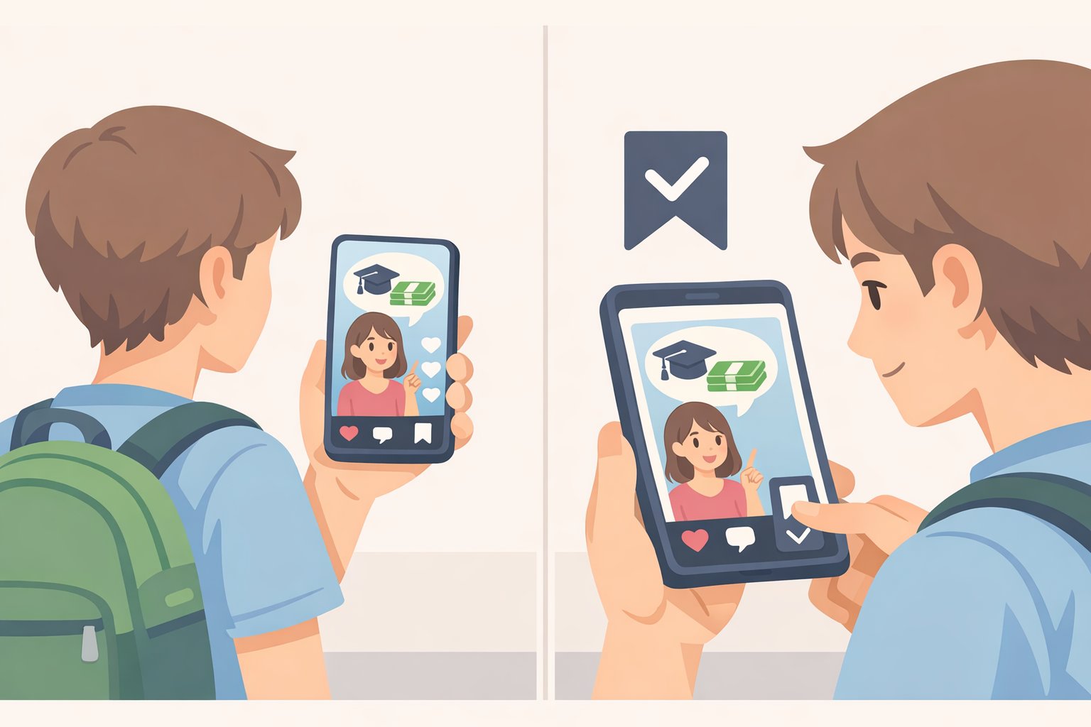 Illustration of a student viewing a TikTok creator’s scholarship discovery video with saved scholarship details, highlighting how to find legitimate scholarships online through personal success-story content
