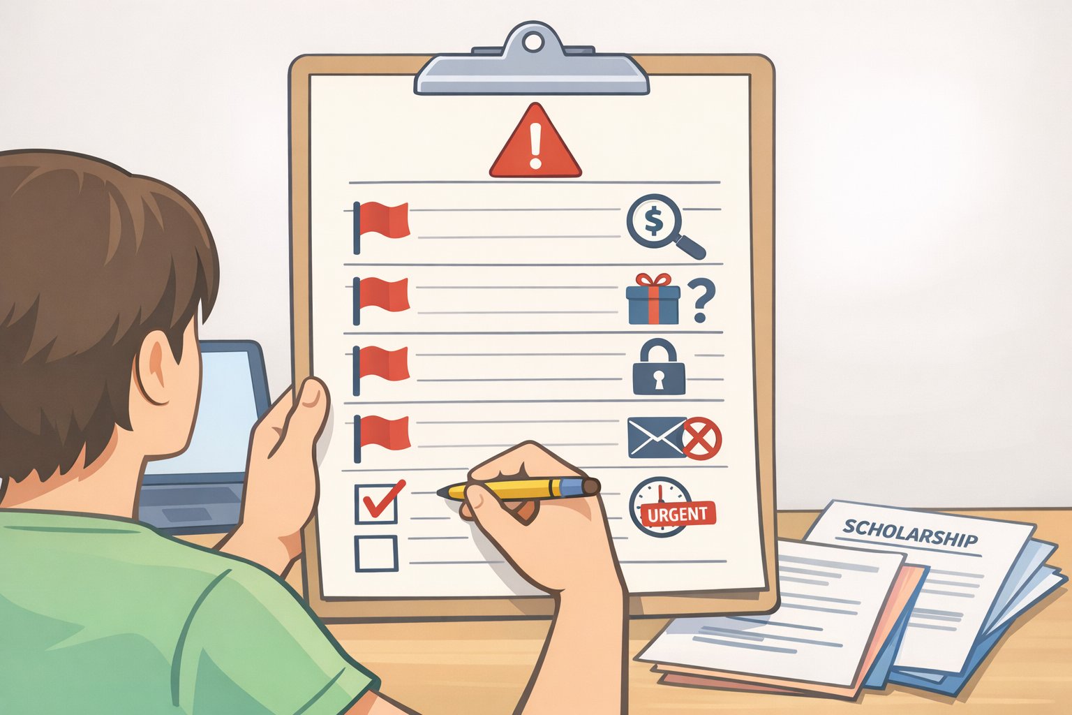 Illustration of a verification checklist showing FTC scholarship scam warning signs like guaranteed awards, pressure to pay upfront, and bids for paid services that promise access