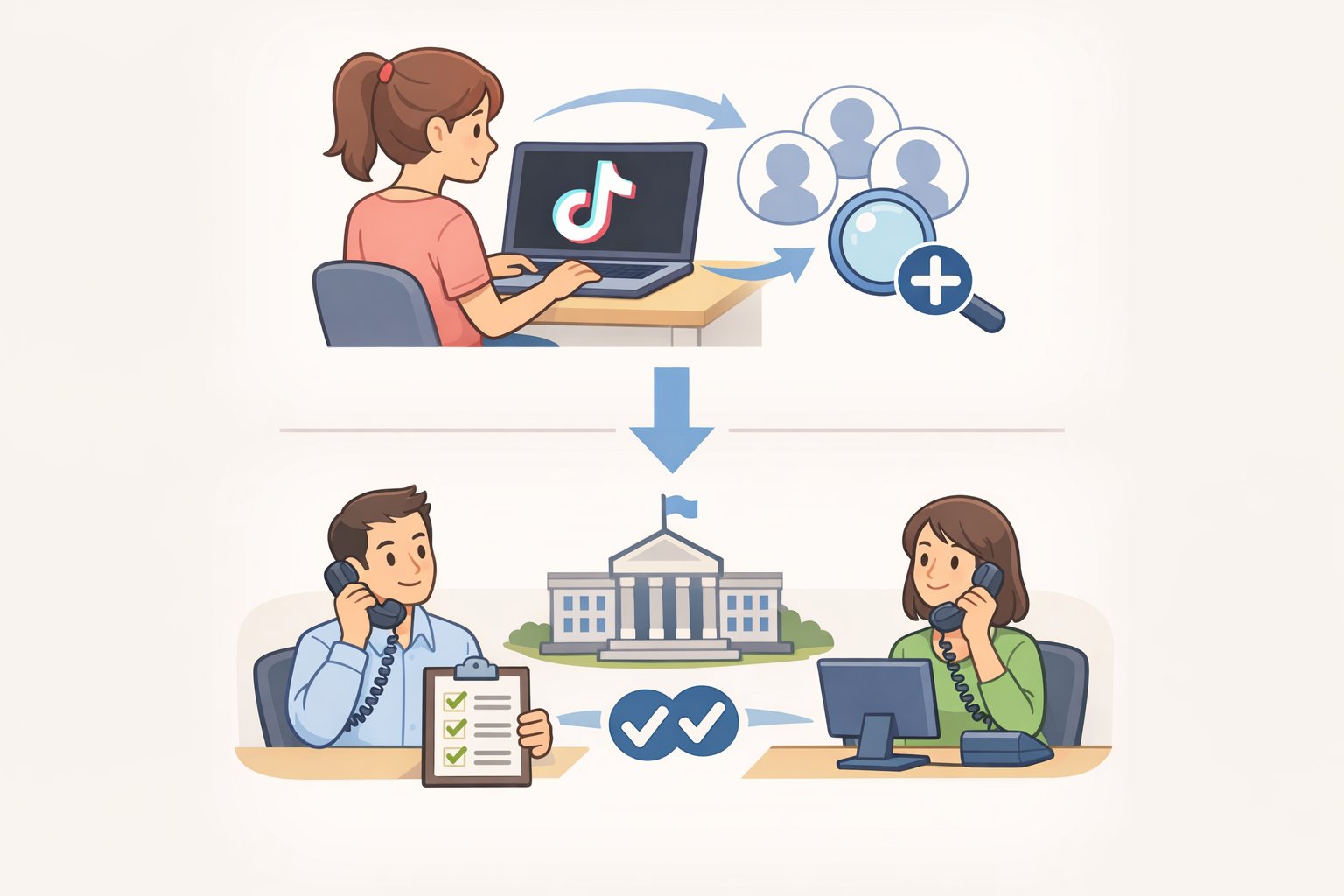 Illustration of a two-step flow where a student logs scholarship names and deadlines from TikTok, then verifies each lead with a school financial aid office and a free scholarship database before applying