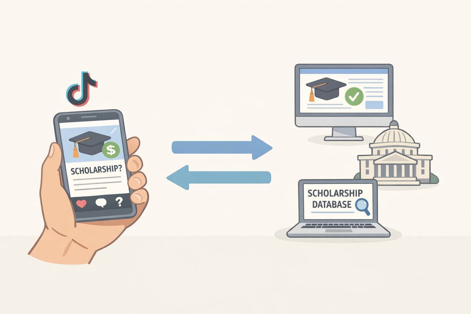 Illustration of a browser window with StudentAid.gov and scholarship database tabs open while a student cross-checks eligibility and deadlines from a saved TikTok lead