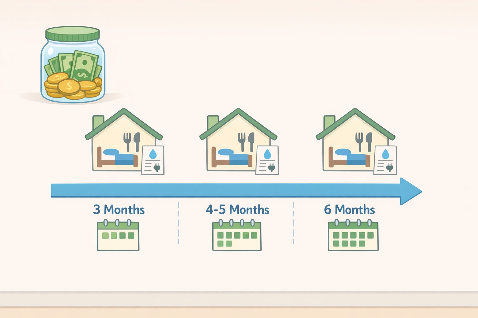 Illustration of an emergency fund progress bar toward three to six months of rent, groceries, utilities, transportation, and insurance