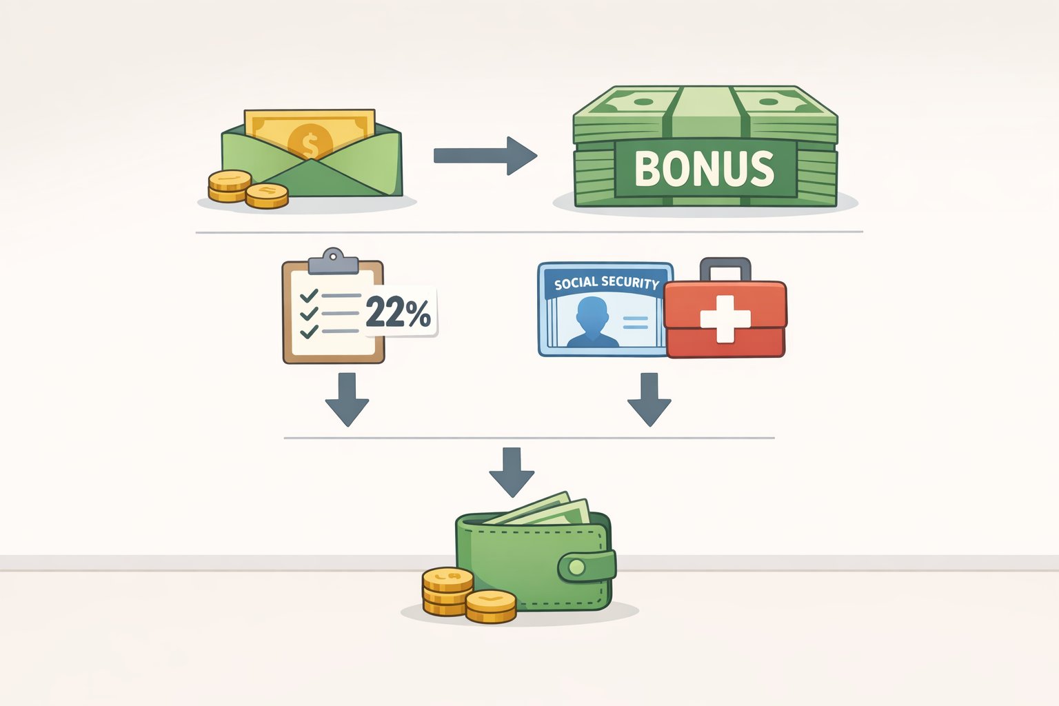 Illustration of a bonus tax calculation worksheet showing a $10,000 work bonus split into 22% federal withholding and payroll taxes to estimate what to do with a work bonus after tax