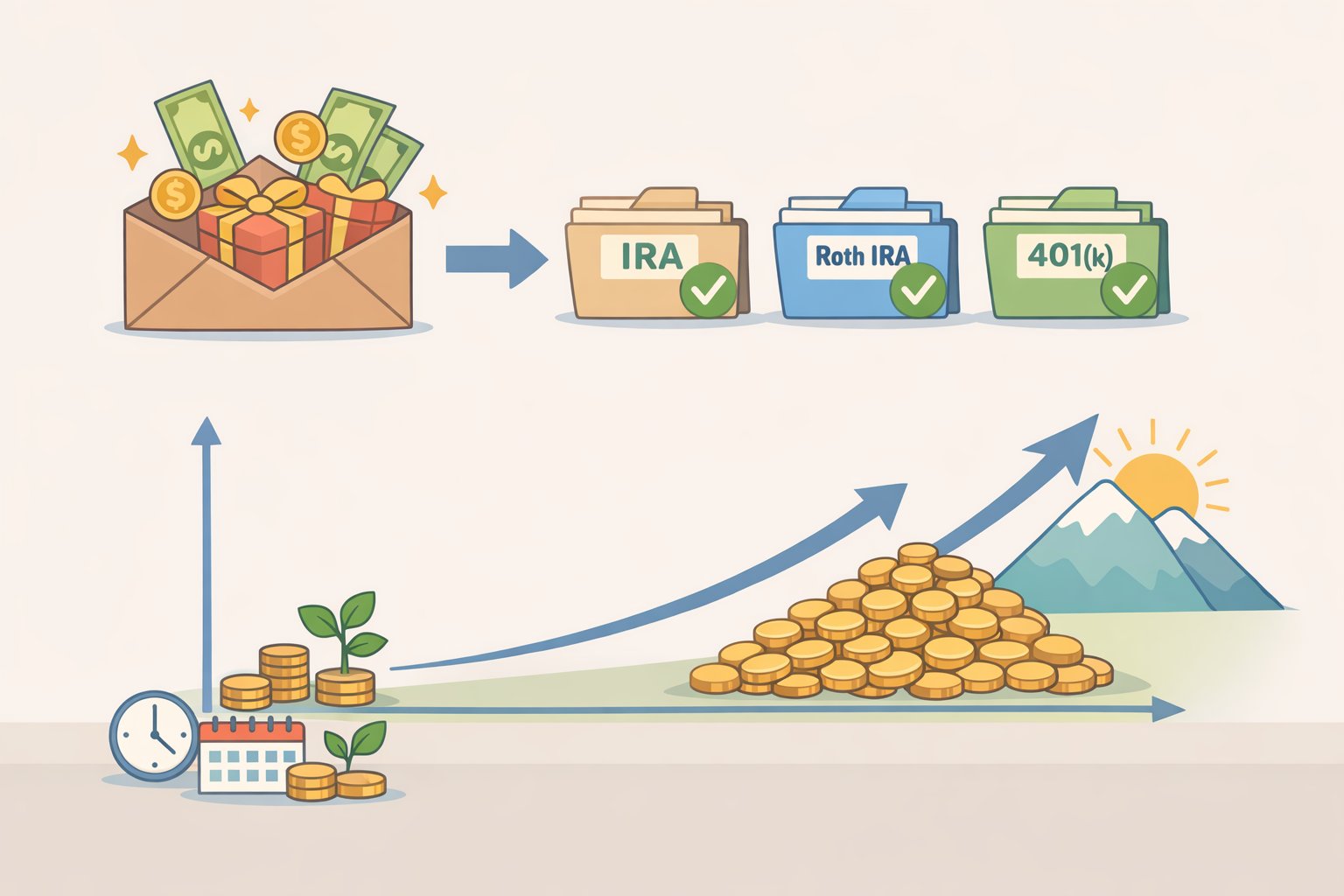 Illustration showing a $3,000 bonus invested in an index fund within a 401(k)/IRA-like bucket and a timeline demonstrating compounding growth over 30 years