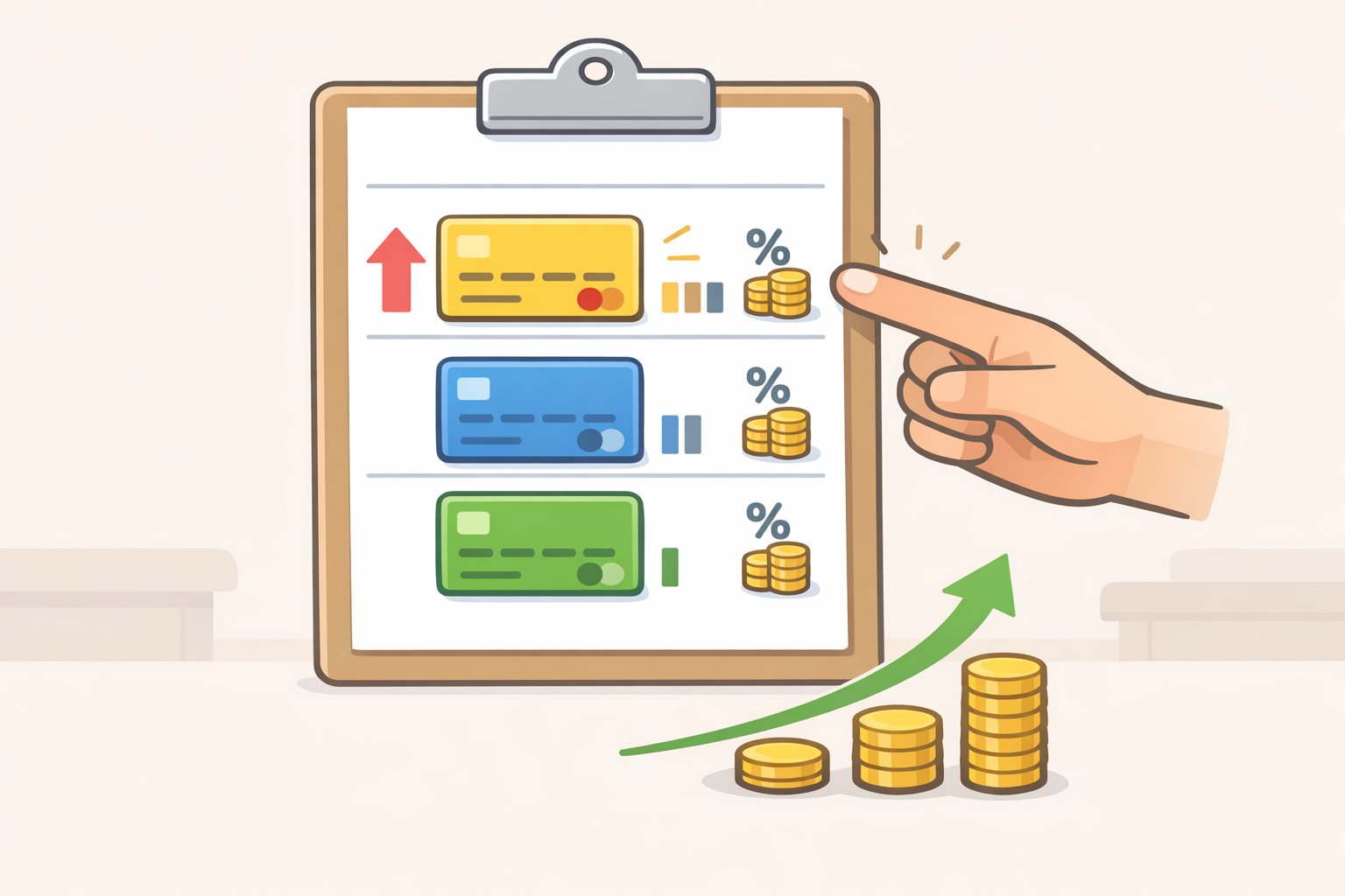 Illustration of a spreadsheet-style list of debts sorted by interest rate, highlighting credit cards and showing a payoff plan that targets the 20%+ balance first