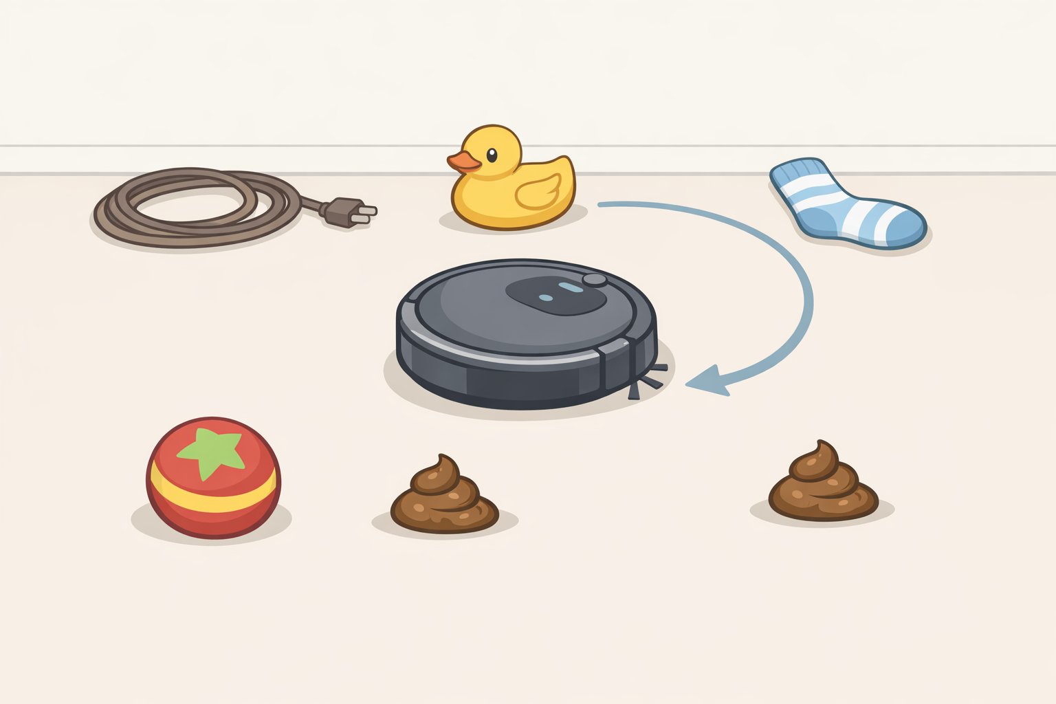 Top-down view of a six-item obstacle course with simulated pet waste at different approach angles and other hazards (lamp cord, toy, sock) to test obstacle avoidance.