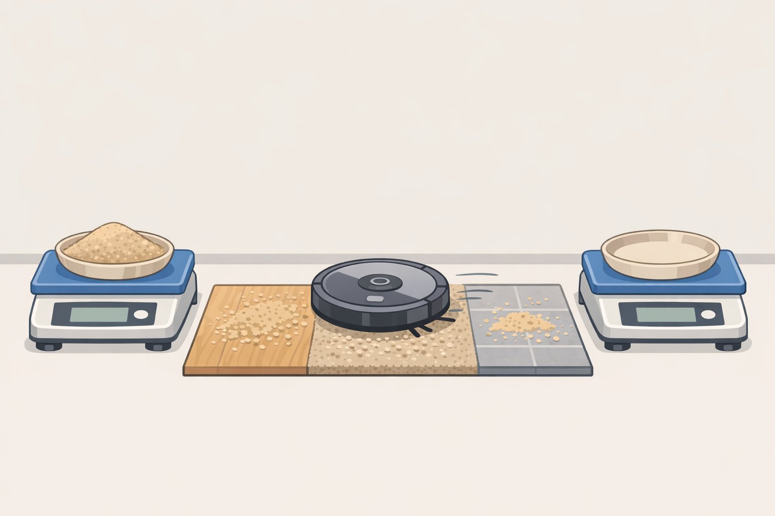CNET-style lab test setup for how robot vacuums are tested, showing a vacuum cleaning play-sand on hardwood and carpet with precision scales measuring debris pickup before and after.