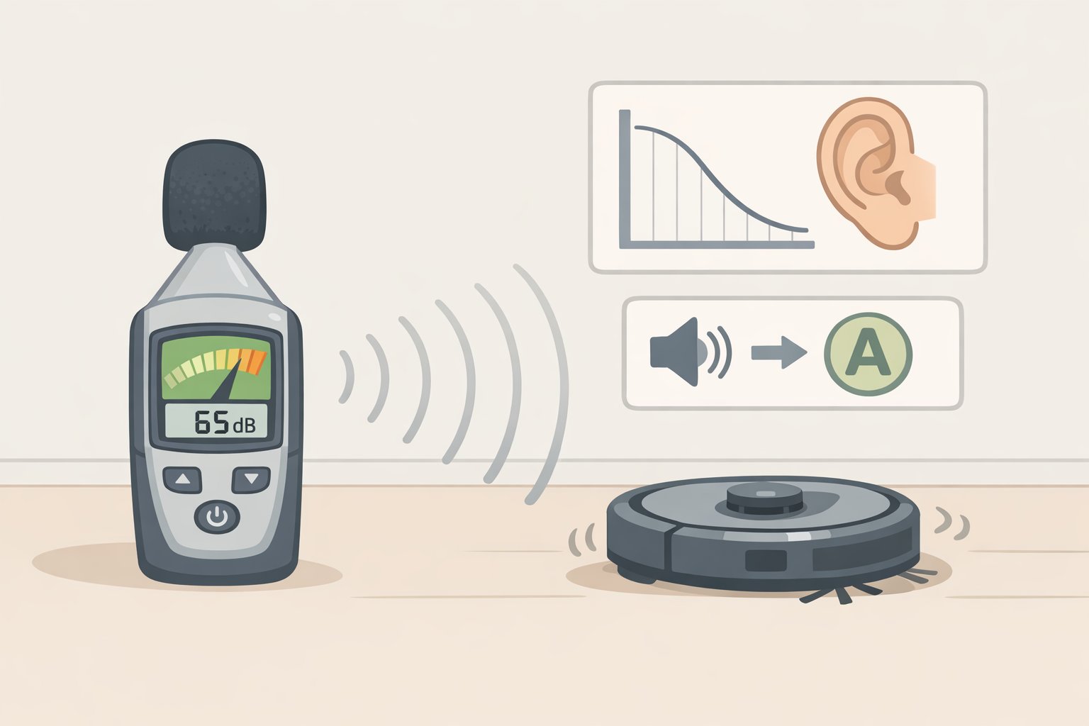 A calibrated sound-level meter positioned near a running robot vacuum to measure LAeq and apply noise-based scoring deductions in the lab framework.