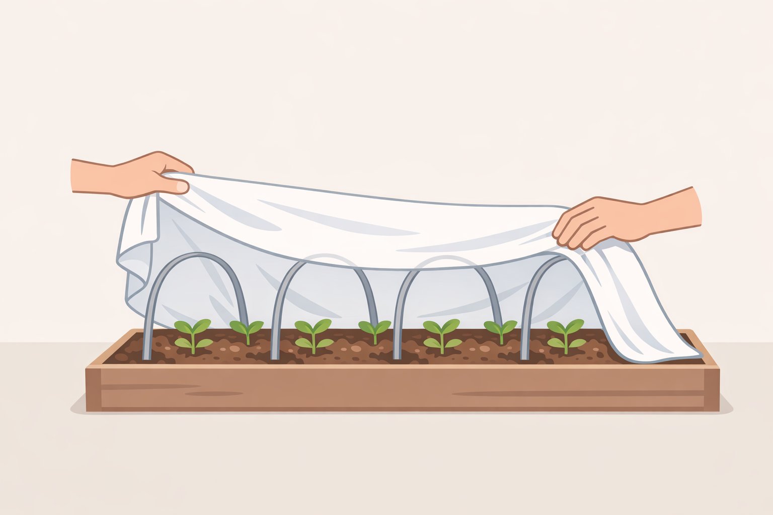 Illustration of floating row cover draped over newly planted seedlings to block rabbits while still letting light, water, and air through