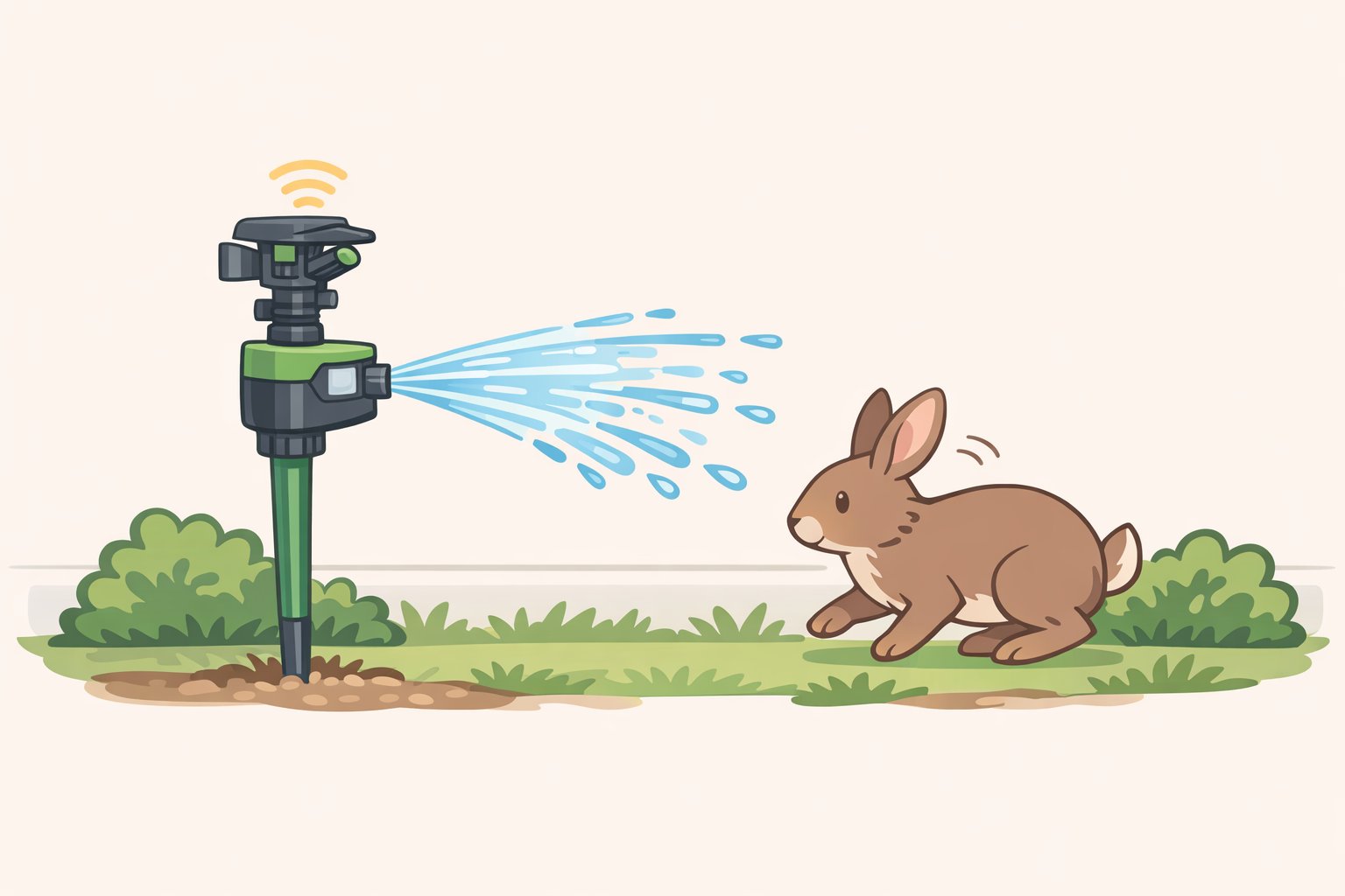 A motion-activated sprinkler illustration that detects movement and releases a short burst of water to deter deer or rabbits