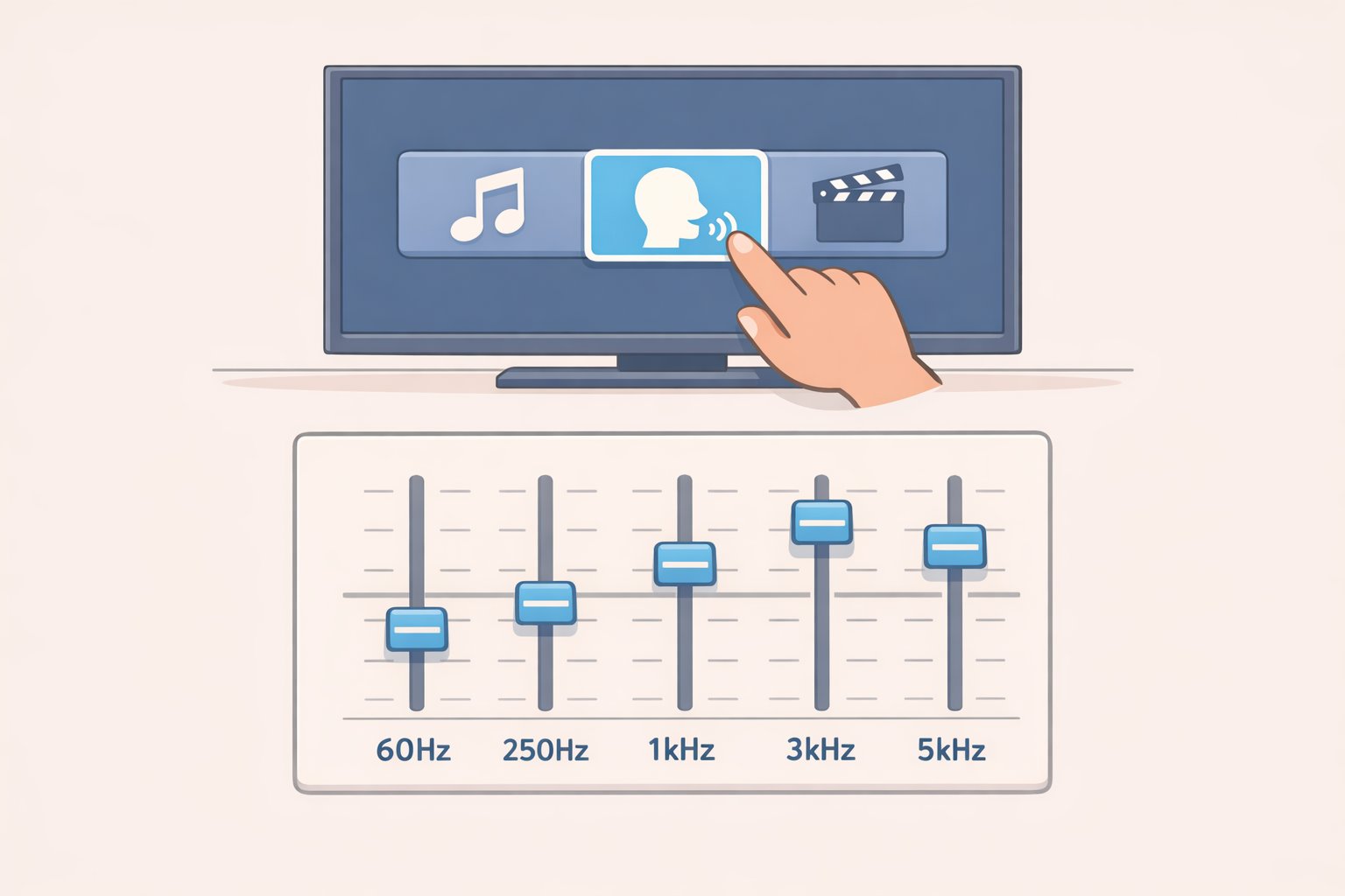 Illustration of a TV Sound Mode menu with Speech Enhancement selected and EQ sliders moved to raise the 1kHz–5kHz bands for clearer dialogue