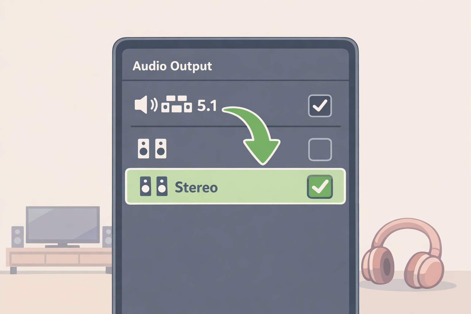 Screenshot-style illustration of a streaming app's Audio Output setting changing from Dolby 5.1/Auto to Stereo to help with how to improve TV sound quality by restoring the center dialogue channel on stereo systems