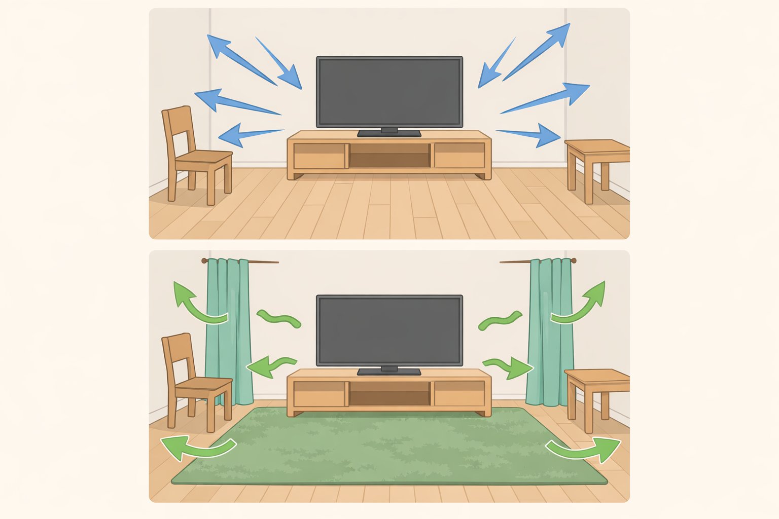 Illustration of a living room showing sound waves reflecting off walls and windows, then being absorbed by a thick rug, heavy curtains, and upholstered seating to reduce echo and muddiness