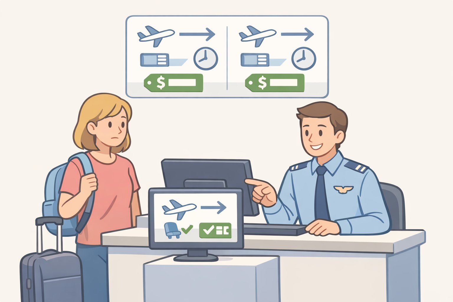 A traveler at an airline ticket counter booking a capped rescue fare, illustrating what to do if Spirit Airlines shuts down when you must book at the airport
