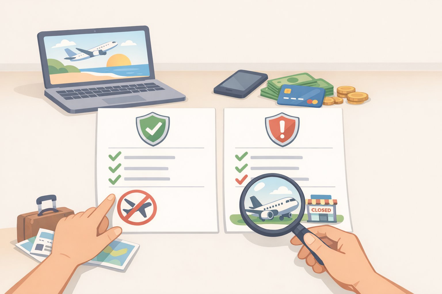 A travel checkout comparison showing use of a credit card and a policy detail stating airline insolvency or service cessation coverage before purchasing