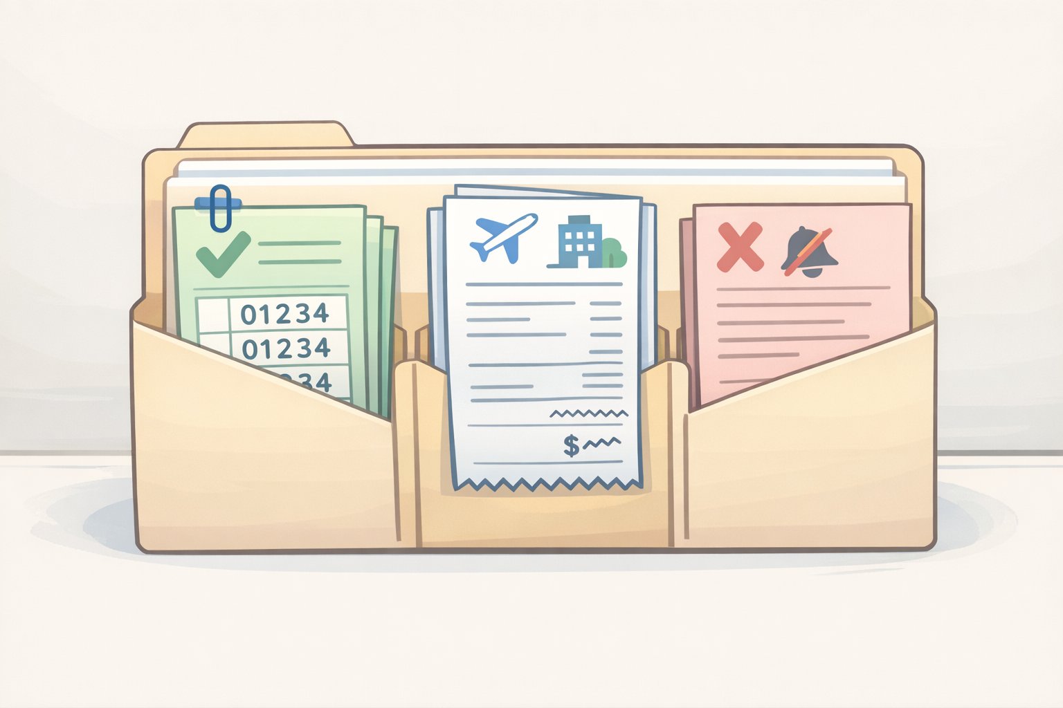 A checklist and document folder showing a Spirit confirmation number, payment receipt, cancellation notice screenshot, and saved email correspondence for later refund or dispute claims