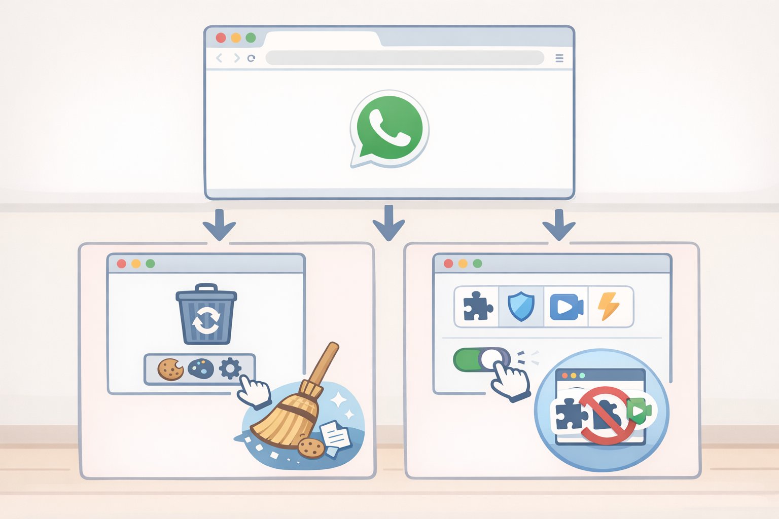 Illustration of the Chrome site settings menu where an administrator clears data for web.whatsapp.com and disables extensions as a test