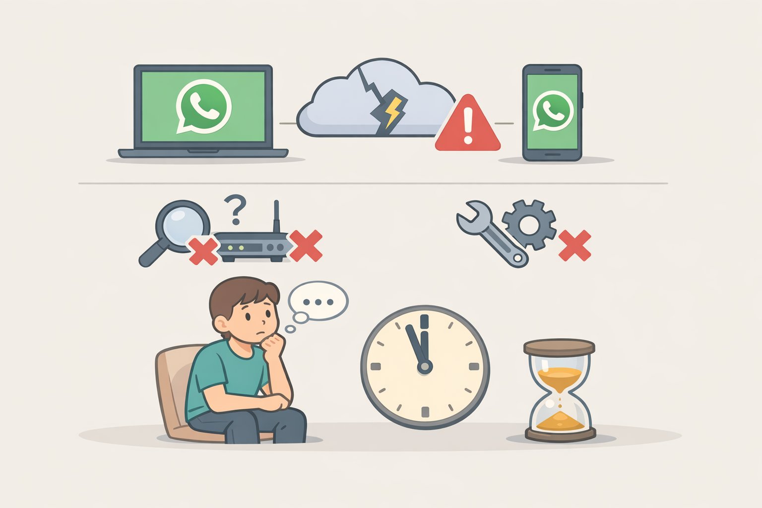 Illustration showing WhatsApp Web users encountering a sync delay during a server outage, with no workaround other than waiting