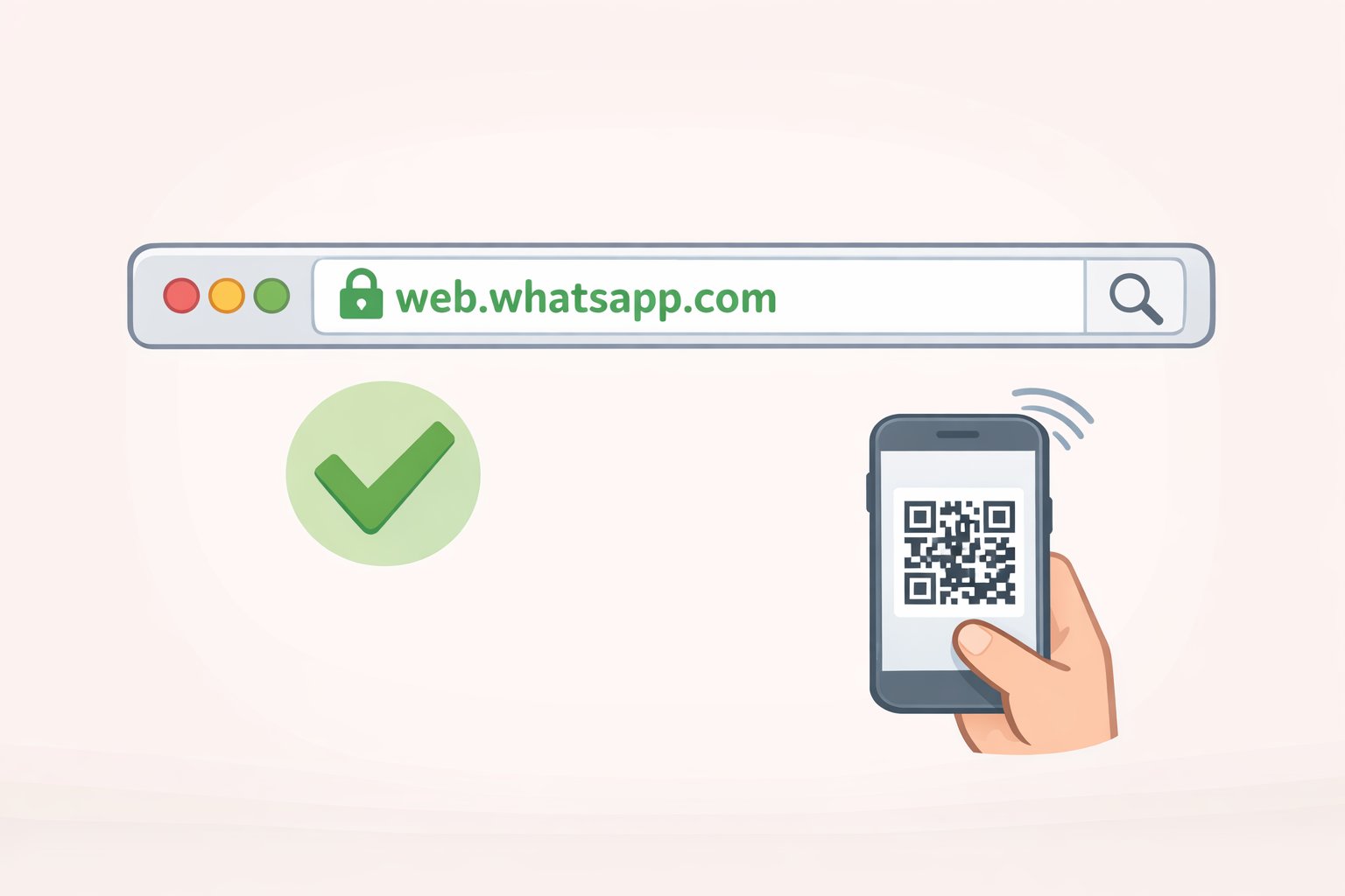 Illustration of how to use WhatsApp Web by checking that the browser address bar shows https://web.whatsapp.com before looking for a QR code