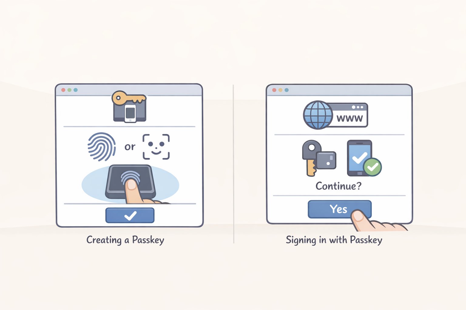 Illustration of a device biometric/PIN prompt creating a passkey, with a visual cue that passkeys are tied to the specific website domain