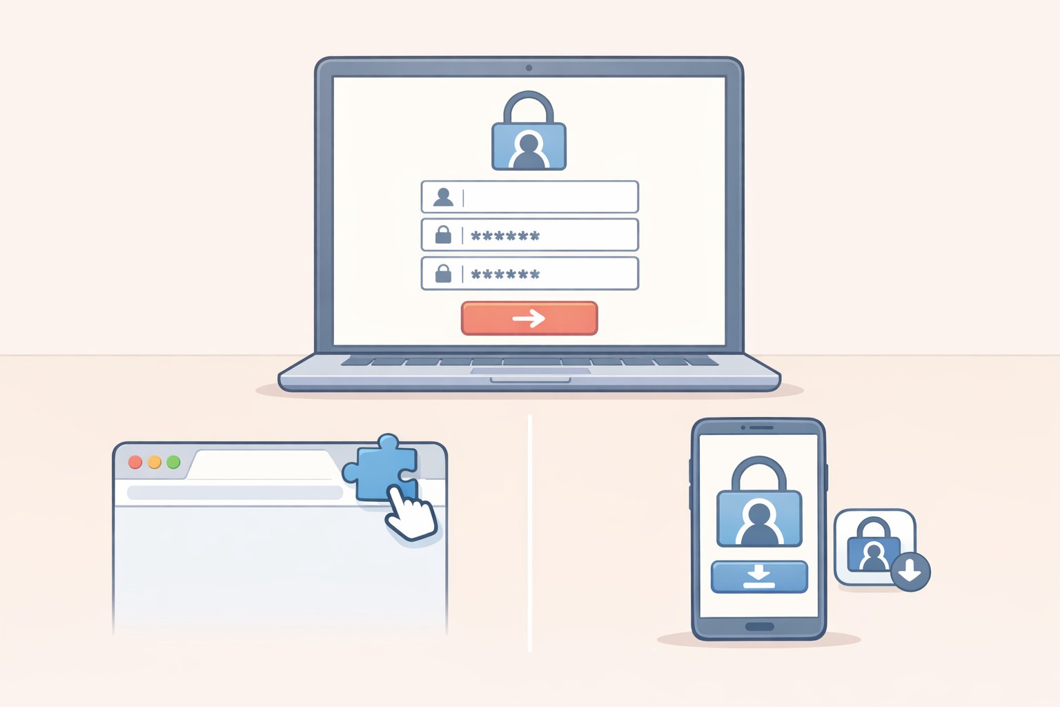 Illustration of a password manager setup flow showing a browser extension installed on a desktop and a mobile app installed on a smartphone