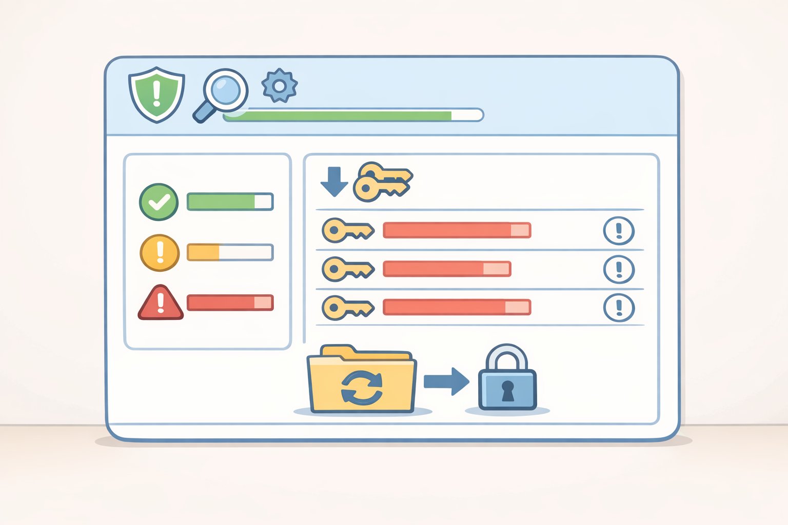 Illustration of a password manager security dashboard highlighting an audit report sorted by reused passwords
