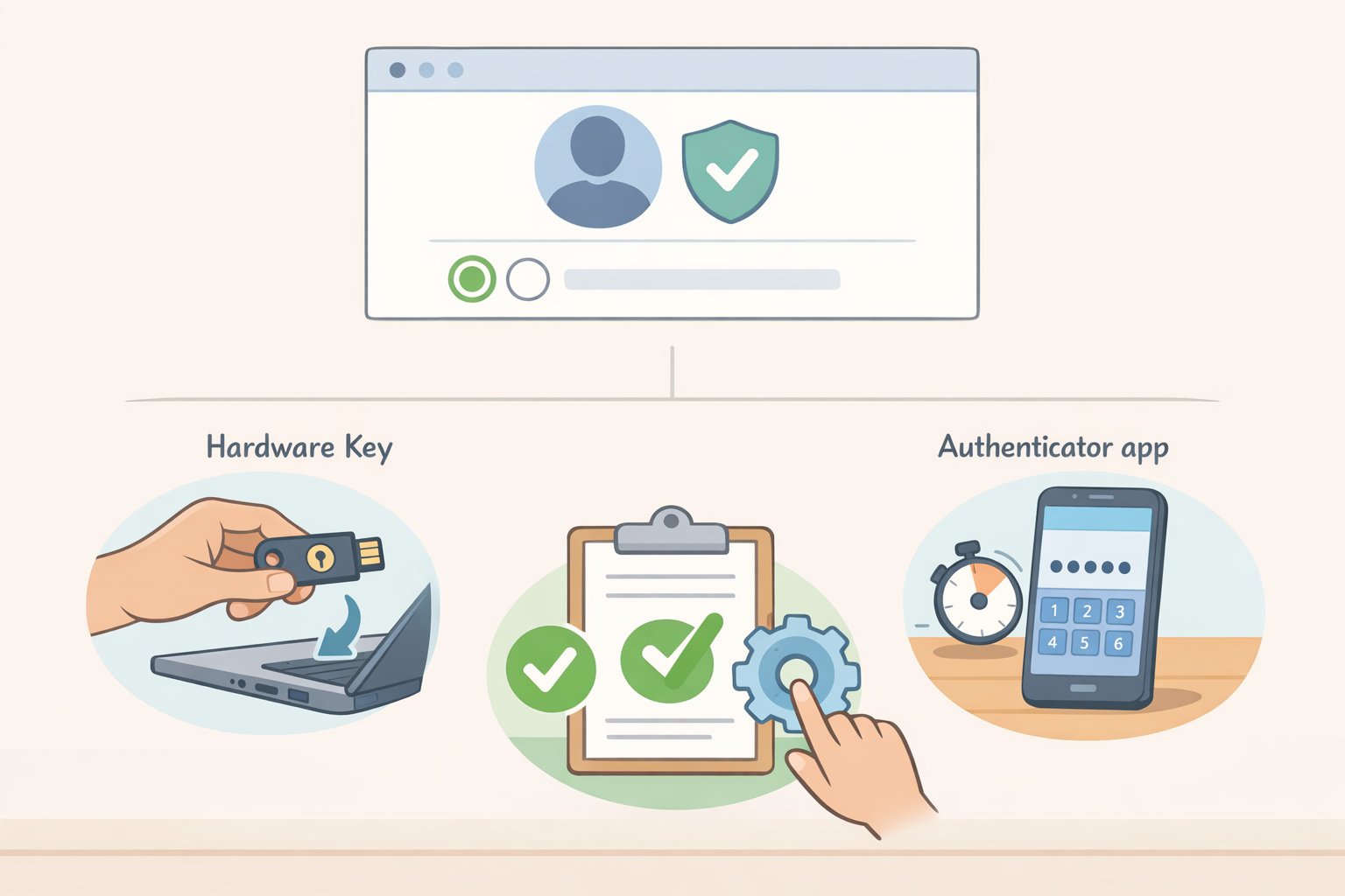 Illustration of an account login security page showing choices for hardware security key, authenticator app (TOTP), and SMS as fallback