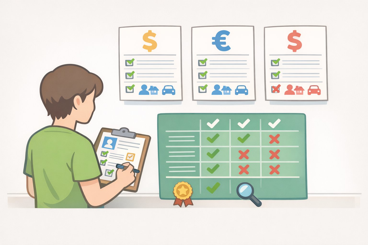Checklist-style graphic for lowering car insurance costs with steps to review declarations, annual mileage, deductible levels, and request at least three quotes to answer why is car insurance so expensive