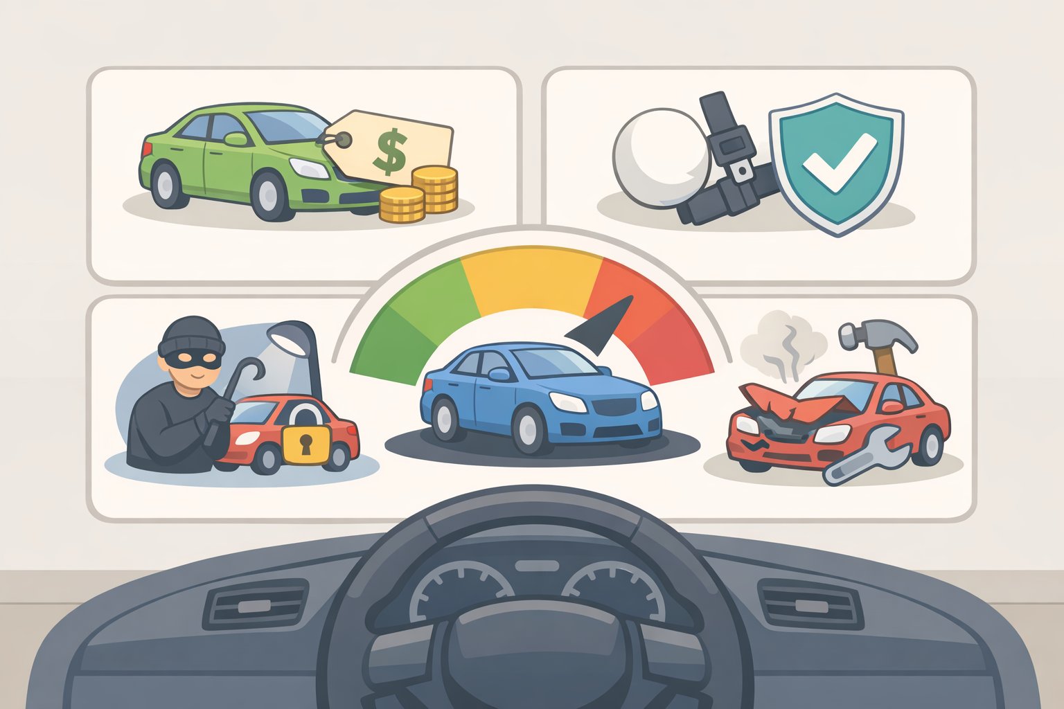 Car insurance premium factors diagram showing how vehicle repair cost, safety rating, theft likelihood, and replacement cost affect your coverage price