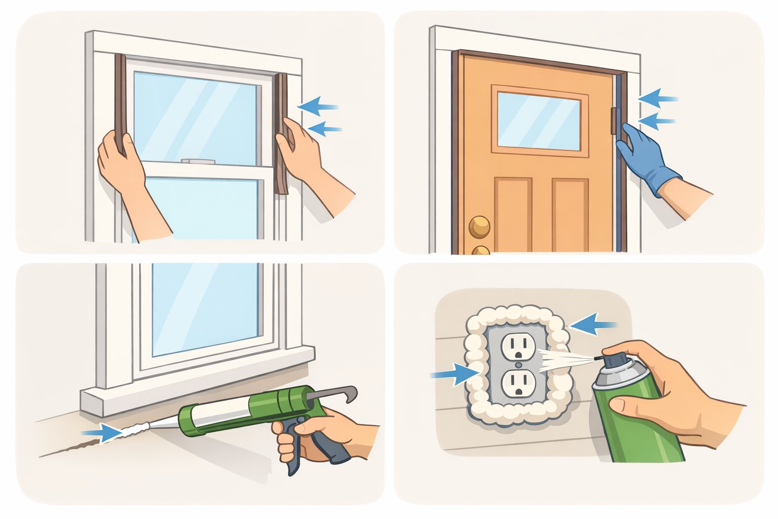 Illustration showing hands applying foam weatherstripping to a window frame and caulk around a wall outlet penetration to reduce drafts