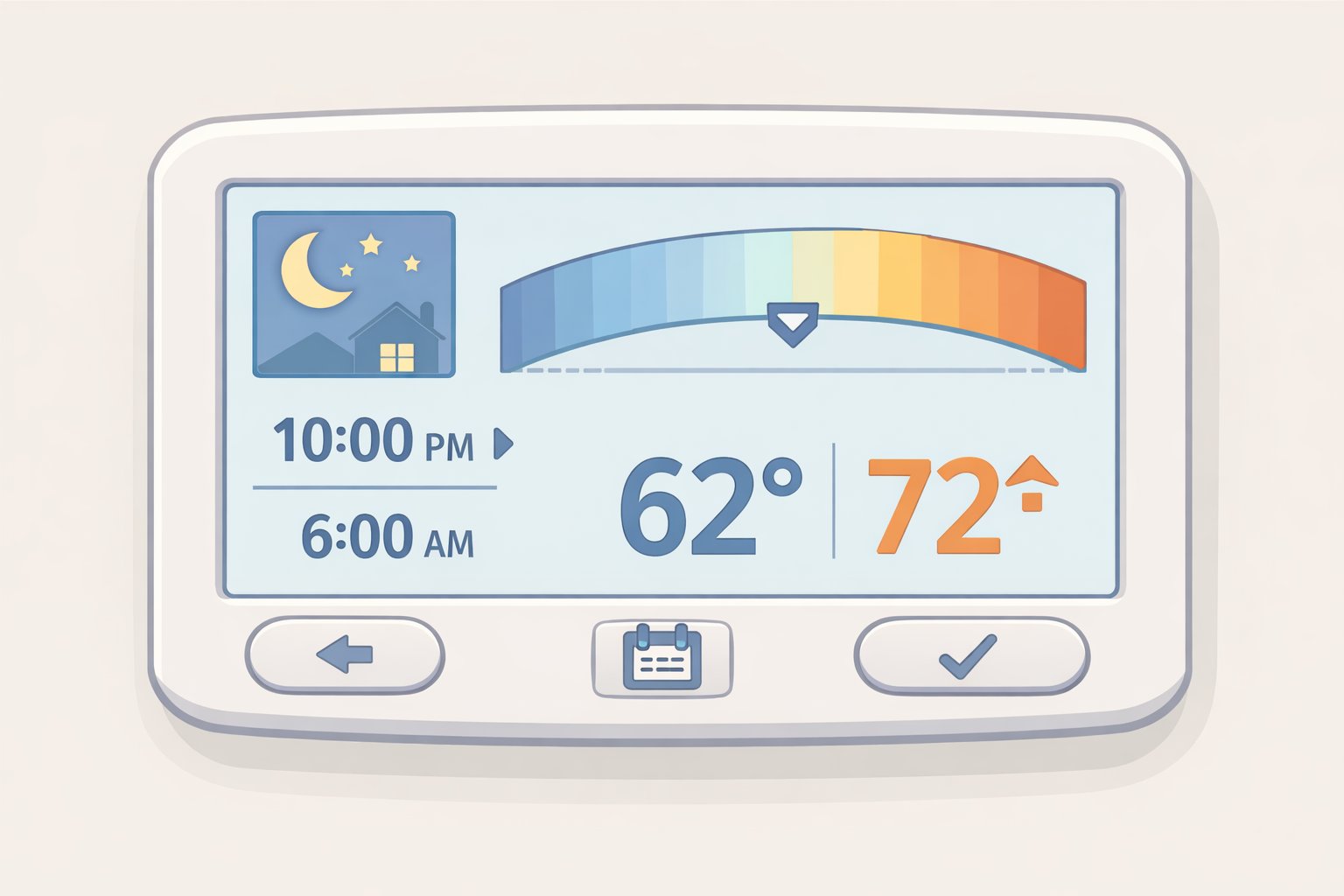 Illustration of how to set a thermostat 7–10°F lower for overnight and empty-house hours to support how to save money on your energy bill