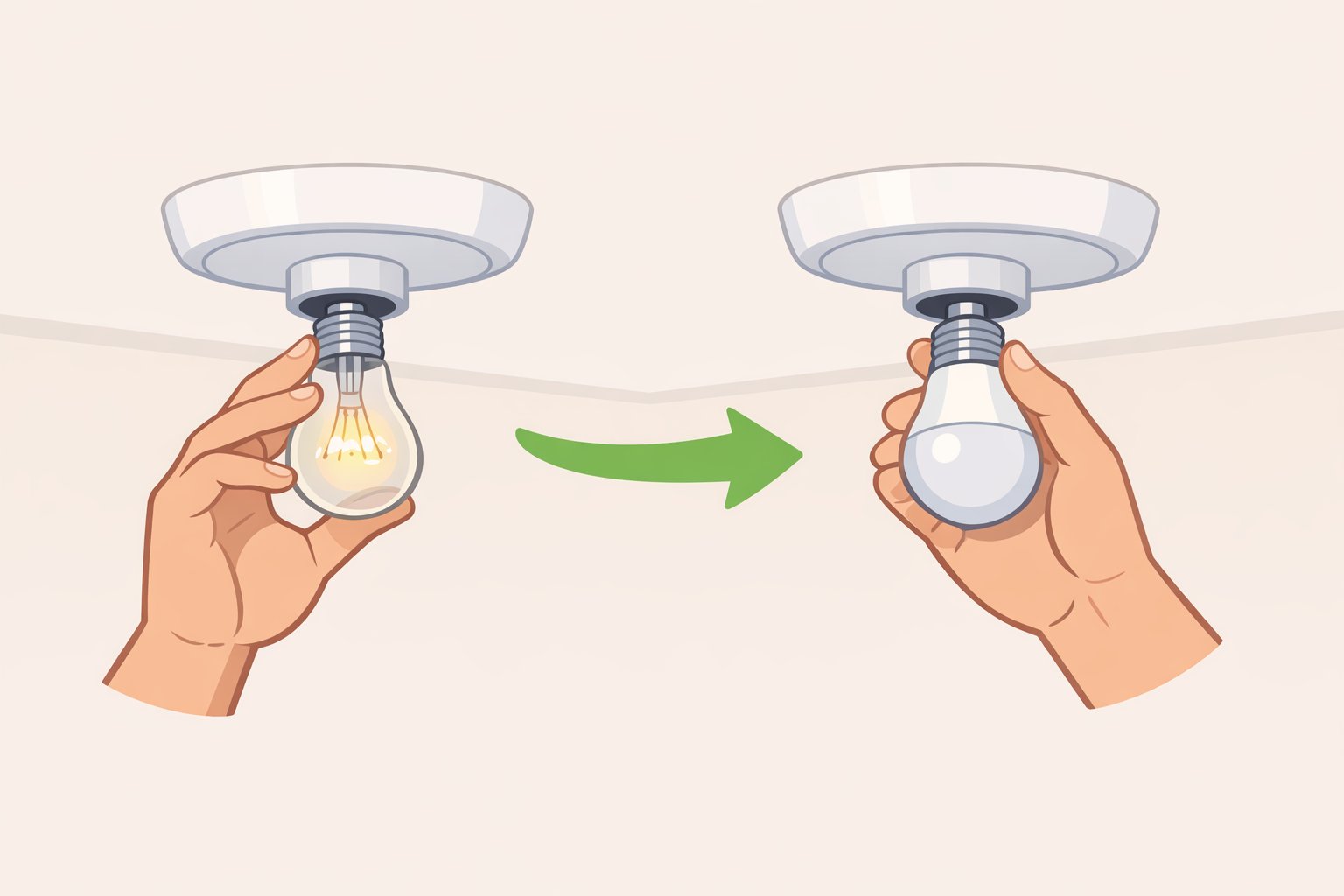 Illustration of a person replacing an incandescent bulb marked 60W with an ENERGY STAR LED showing an 8–10W equivalent