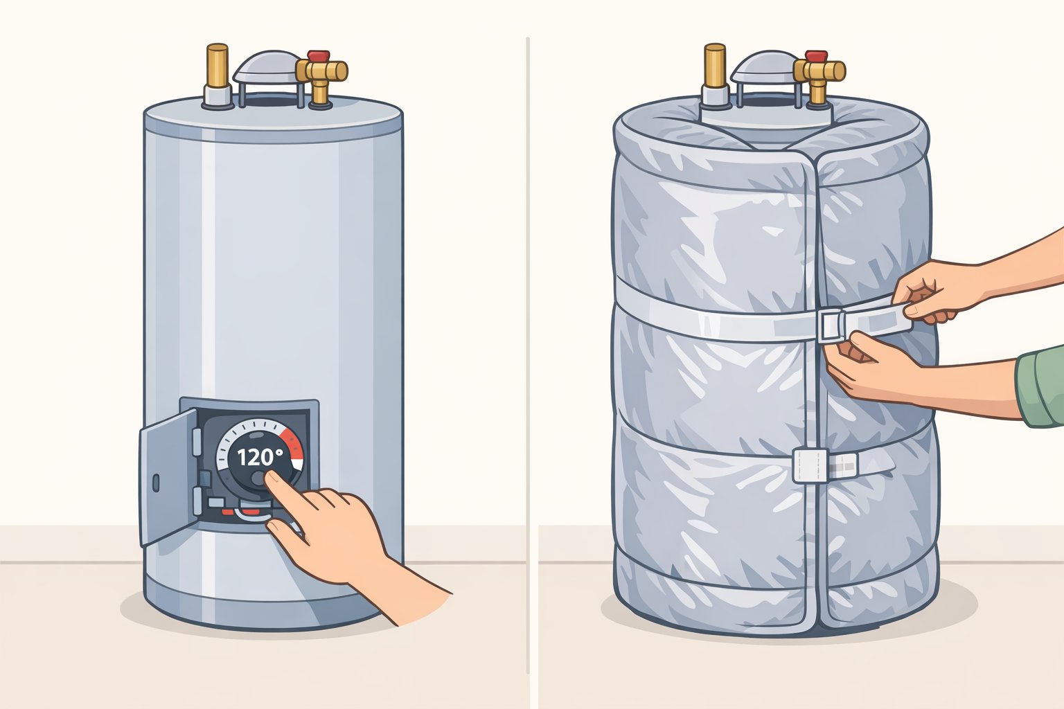 Illustration of a tank water heater thermostat dial adjusted to 120°F and an insulating jacket wrapped around the tank while keeping access panels clear