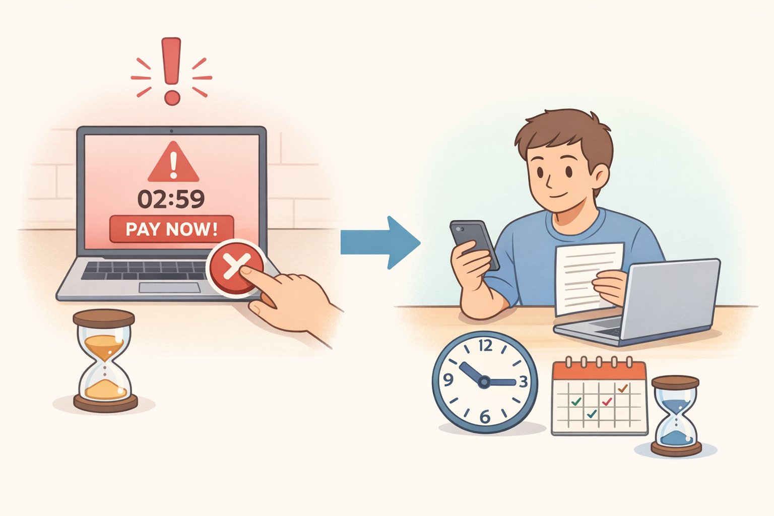 Illustration of a traveler ignoring an urgent banner like 'ending tonight' and instead pausing to verify the address, seller, payment method, and fine print before booking