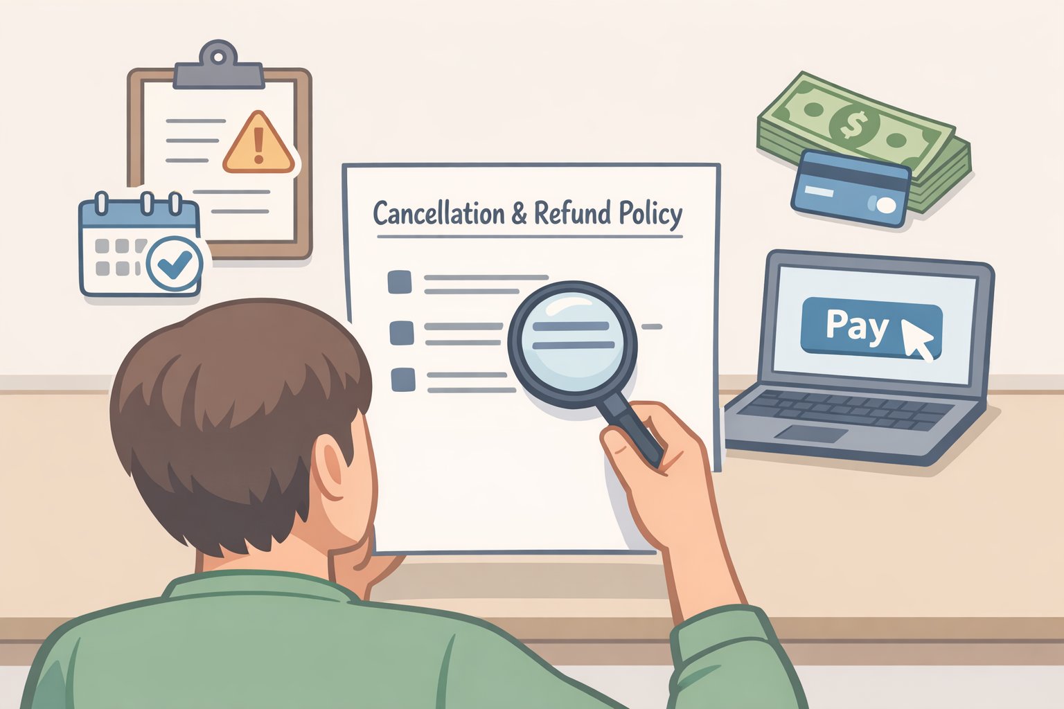 Illustration of a buyer examining written cancellation and refund terms on a document or email, with fields like location address, cancellation policy, and refund terms clearly shown