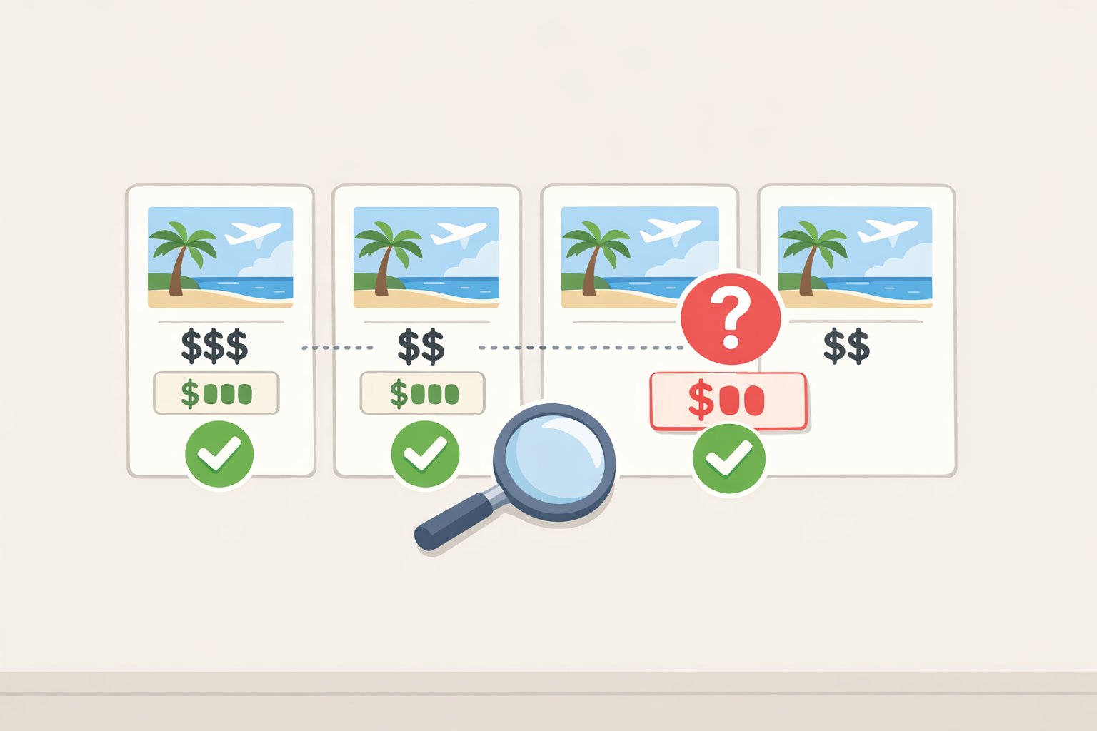 A side-by-side comparison chart showing a dramatic price drop for a rental or hotel compared with several similar bookings, highlighting how to avoid travel fraud when the bargain is too good to be true