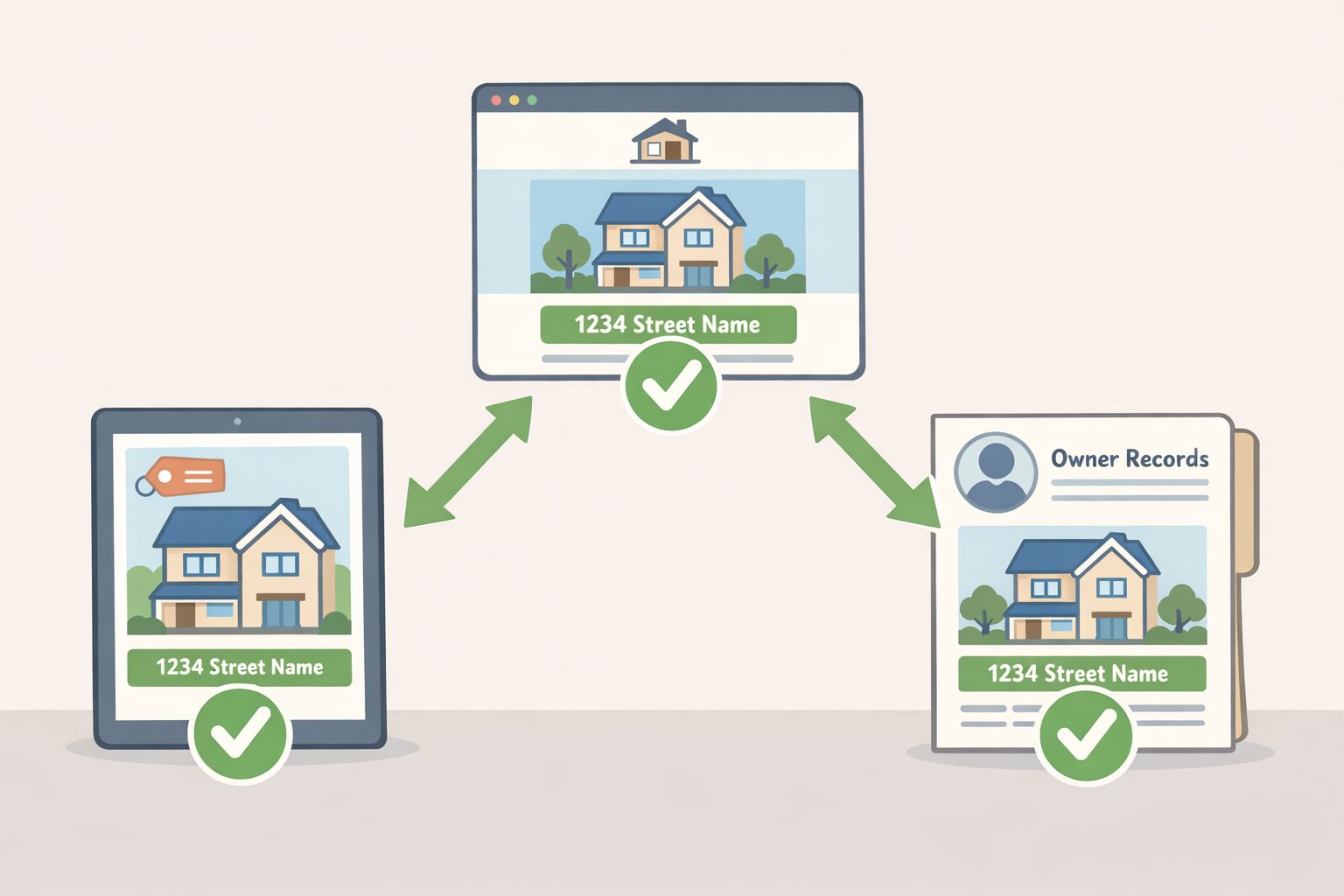 Illustration of a travel booking verification checklist where the same property address is searched and compared across the rental company site and owner records to detect a hijacked listing