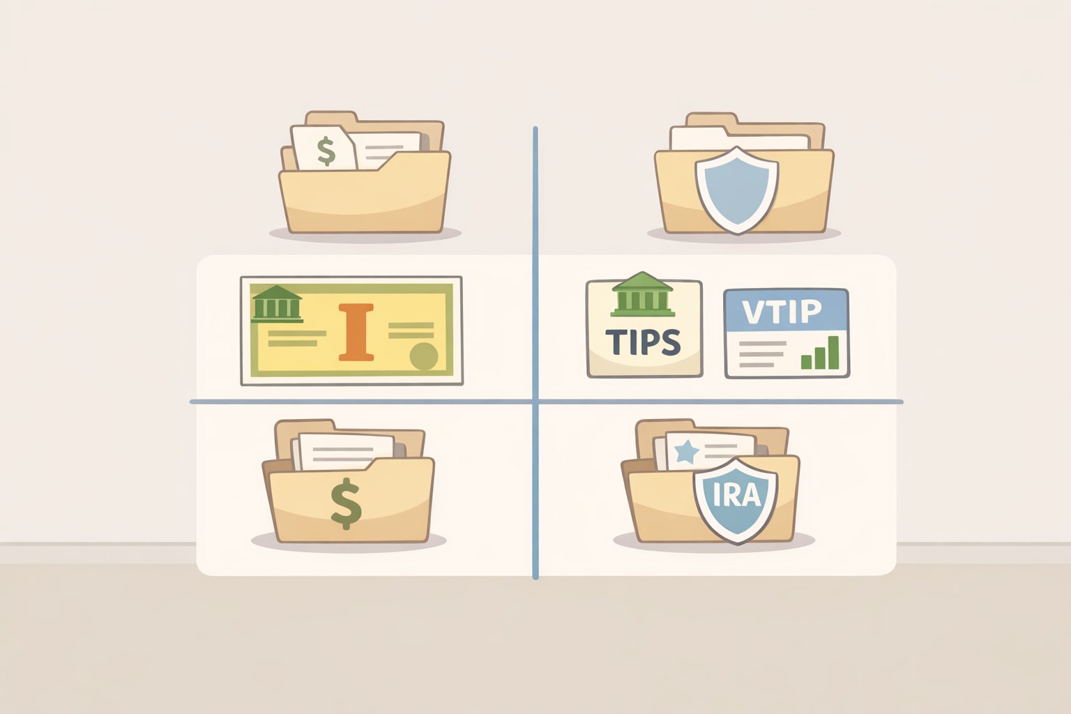 Account placement table showing I Bonds in taxable accounts and TIPS/VTIP in IRAs or 401(k)s to reduce the impact of annual taxable income